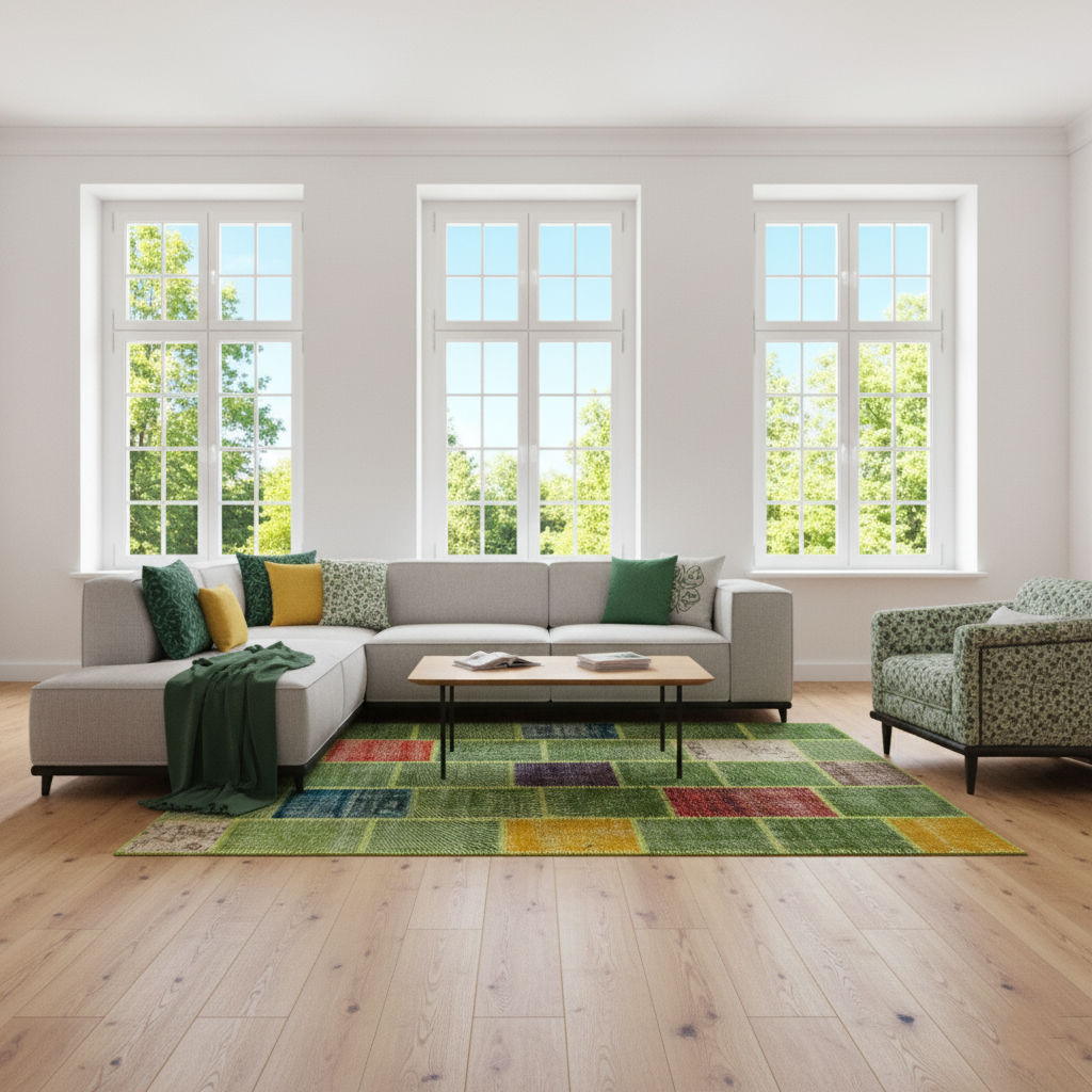 Verdant Patchwork Rug – Handmade Green Harmony Carpet