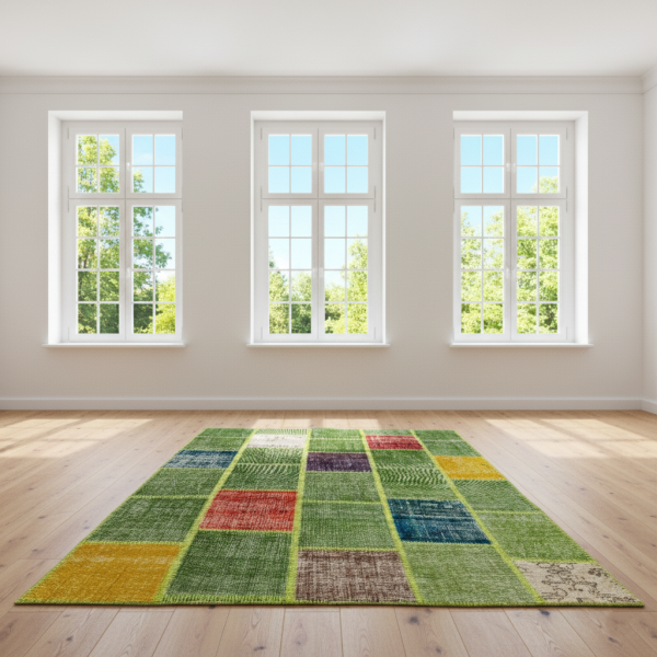 Verdant Patchwork Rug – Handmade Green Harmony Carpet