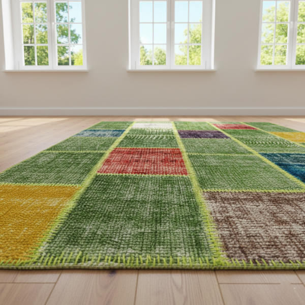 Verdant Patchwork Rug – Handmade Green Harmony Carpet
