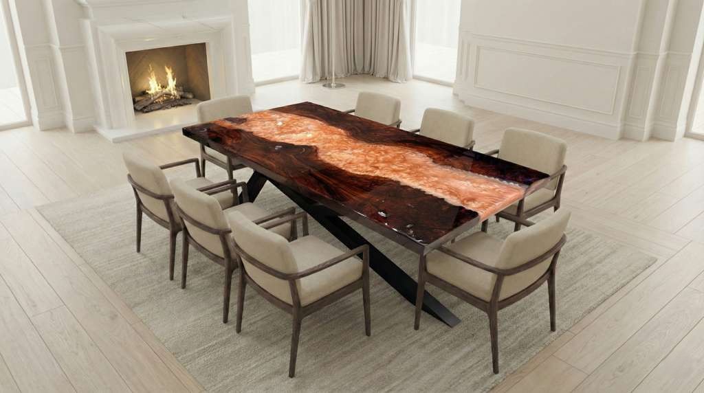 350-Year Heritage Custom Walnut & Epoxy Dining Table – epoxy table detail view 3 | Ferozzi