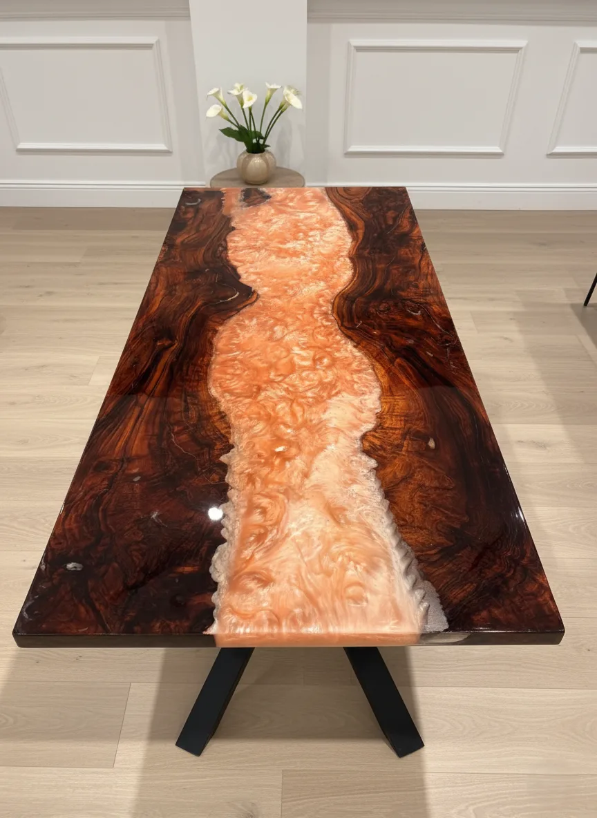 350-Year Heritage Custom Walnut & Epoxy Dining Table – epoxy table detail view 4 | Ferozzi