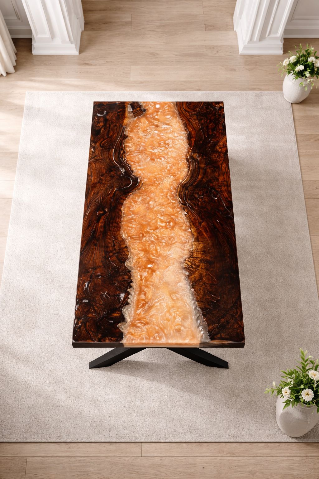 350-Year Heritage Custom Walnut & Epoxy Dining Table – epoxy table detail view 2 | Ferozzi