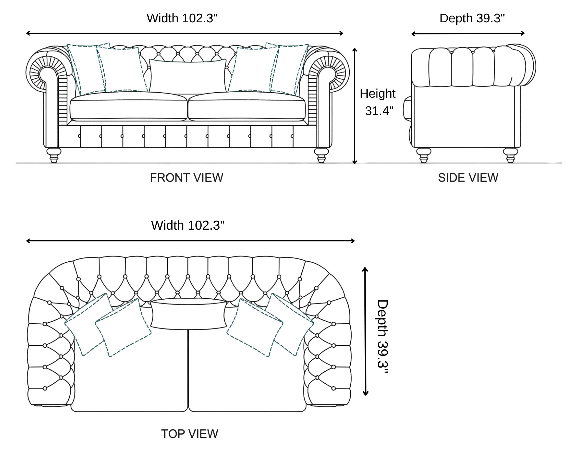 Athens Chesterfield Sofa dimensions