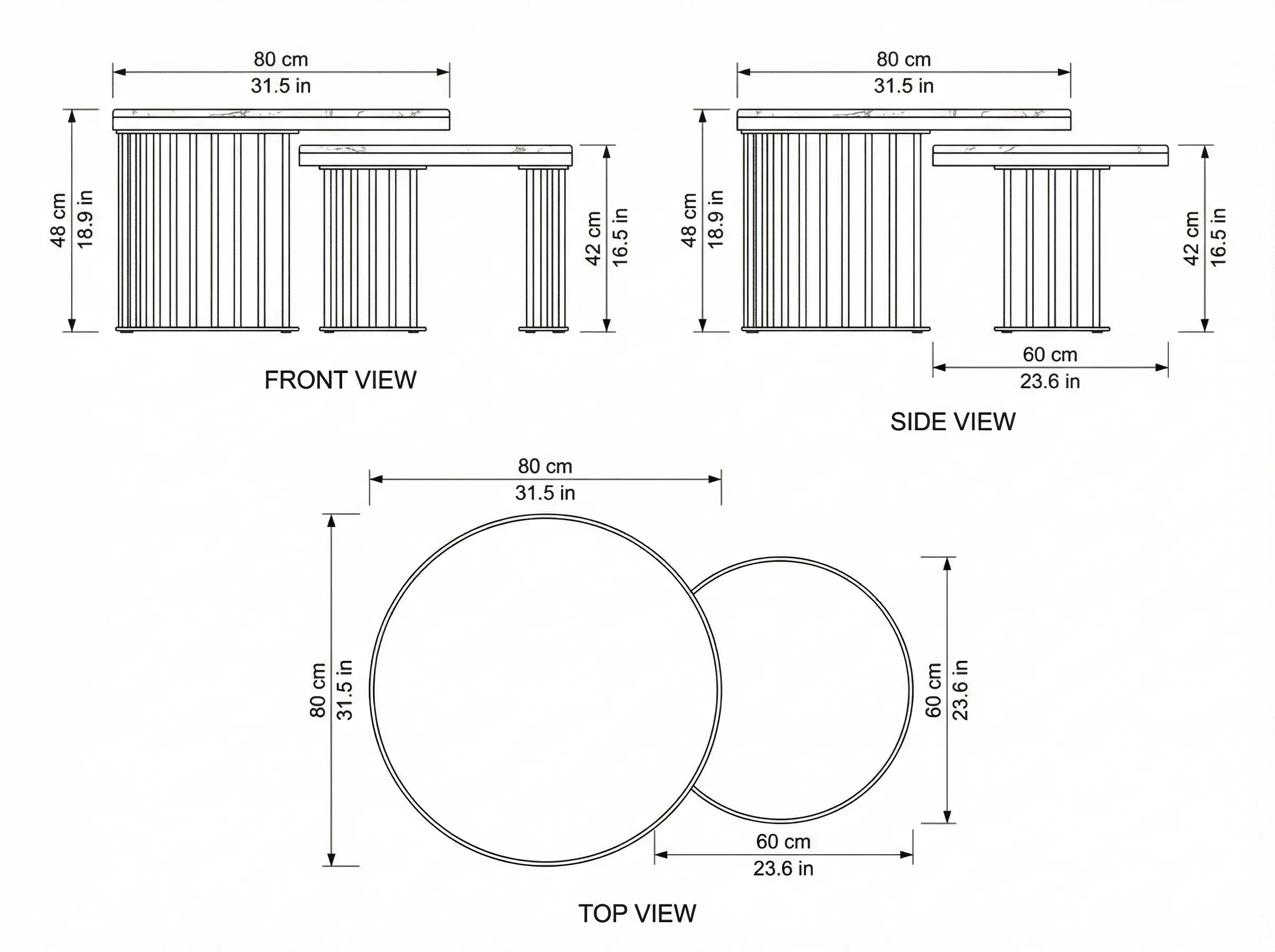 Roswell Coffee Table Set dimensions