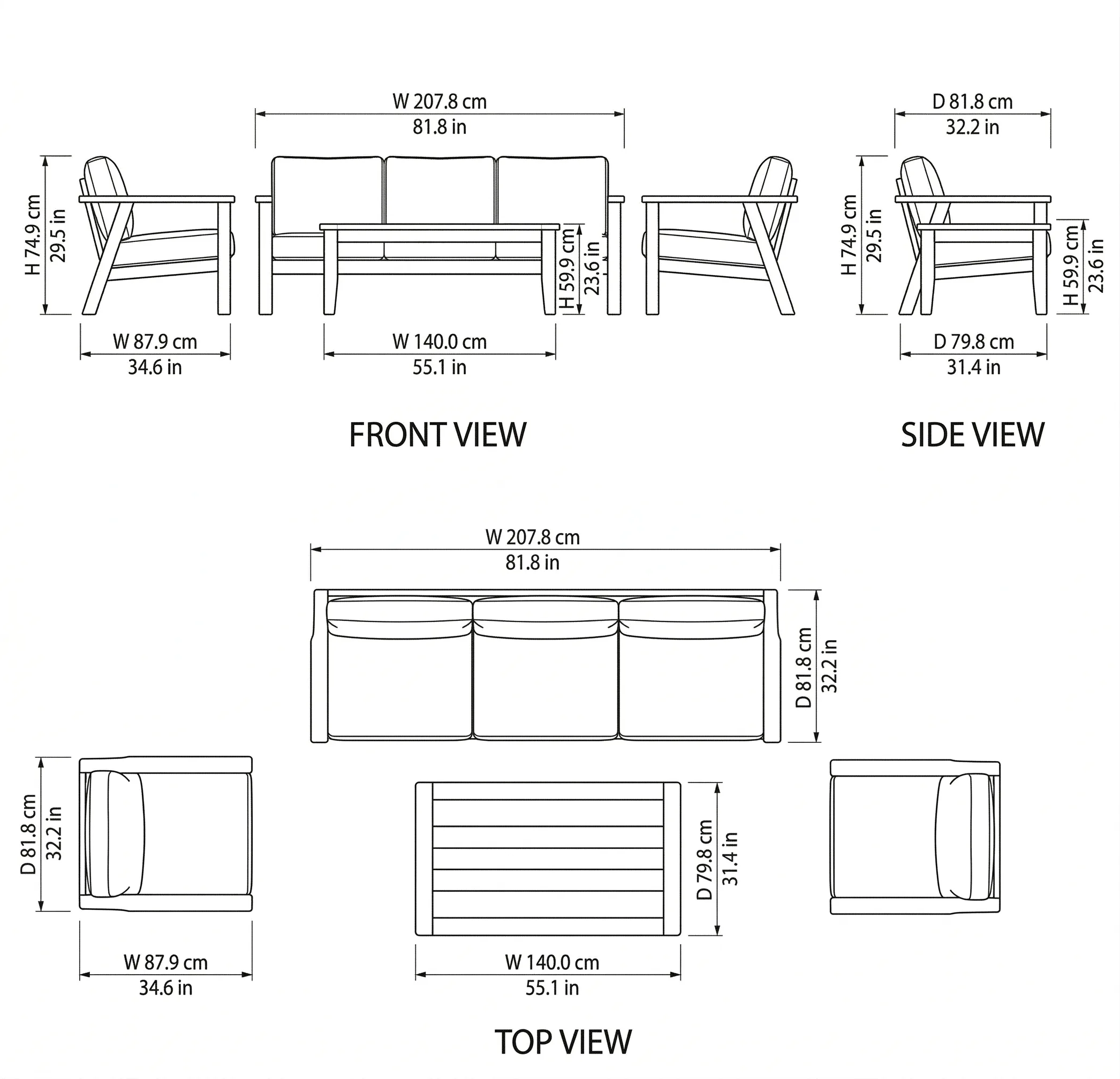 Bianca Outdoor Sofa Set dimensions