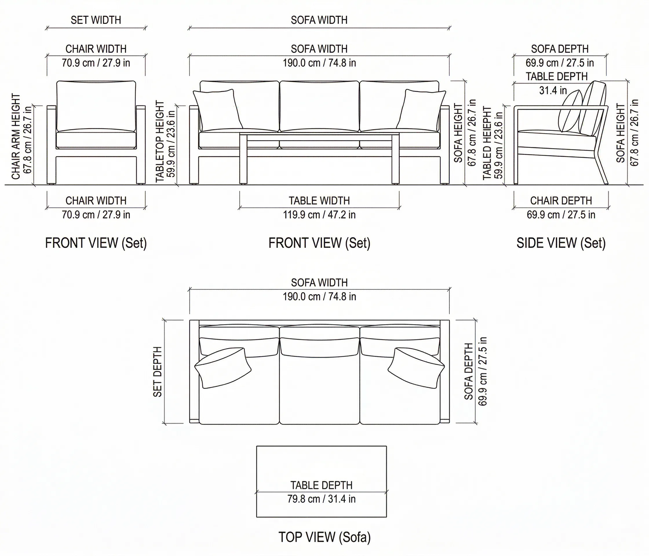 Austin Outdoor Sofa Set dimensions