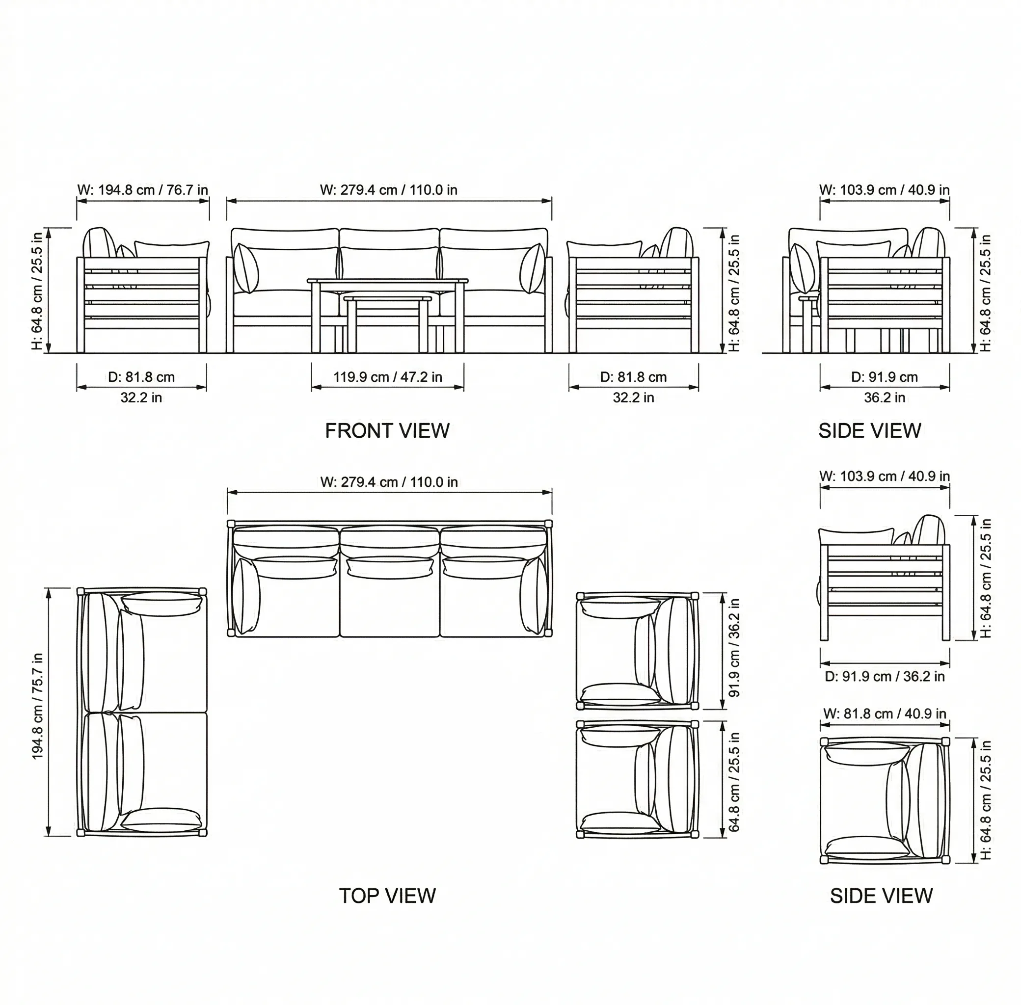 Gloster Outdoor Sofa Set dimensions
