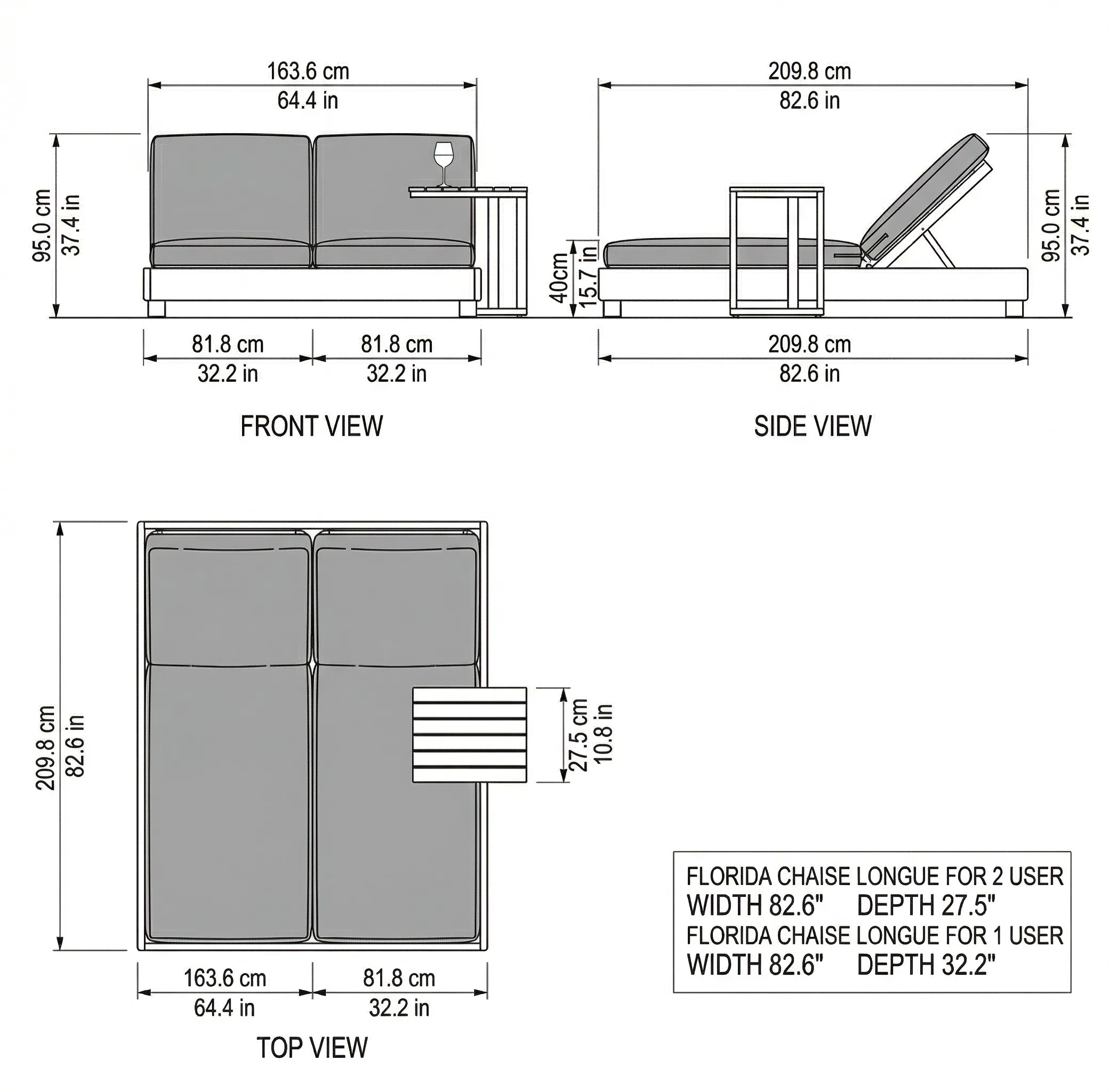 Florida Chaise Longue Set dimensions