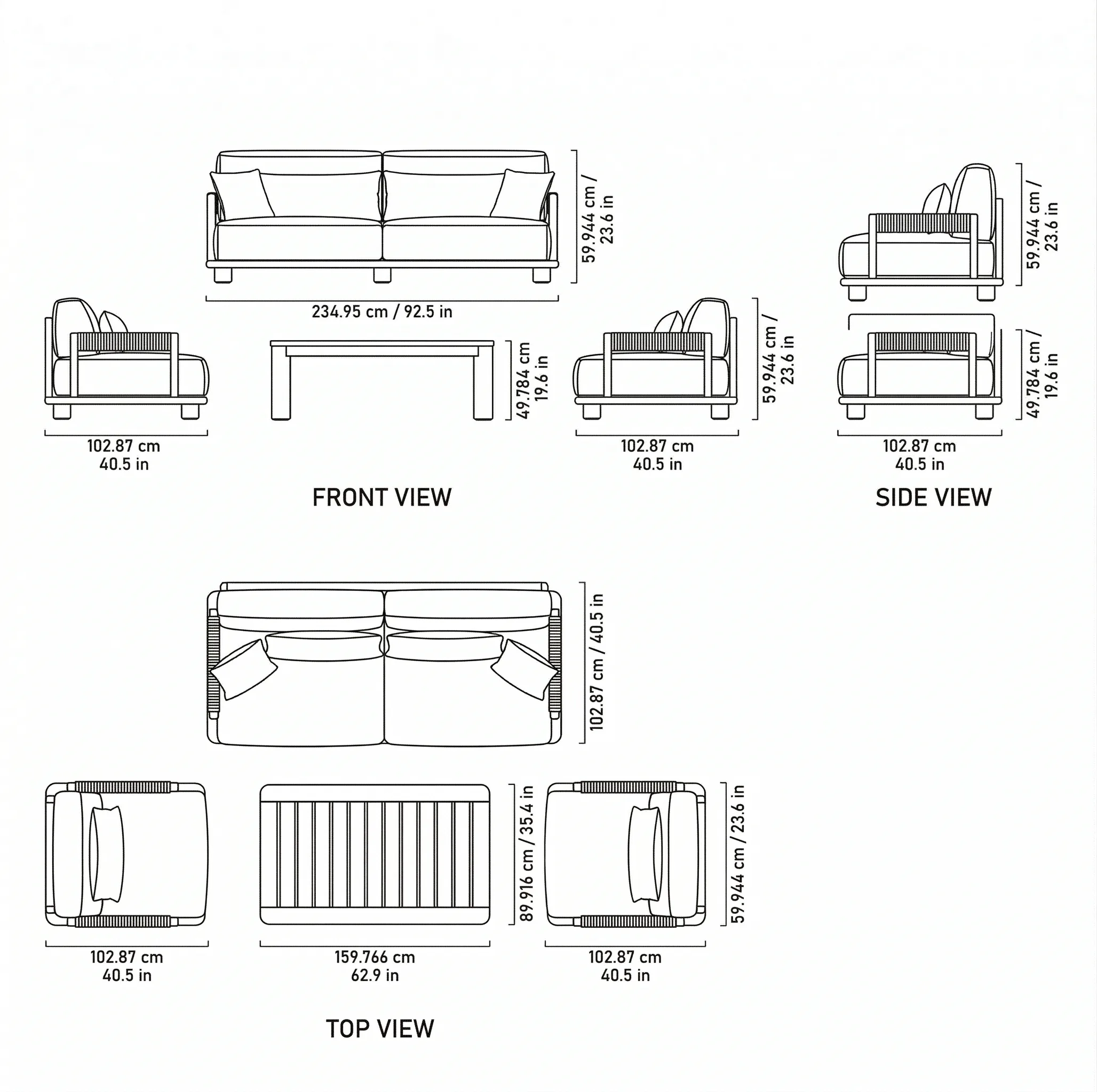 Olivia Outdoor Sofa Set dimensions
