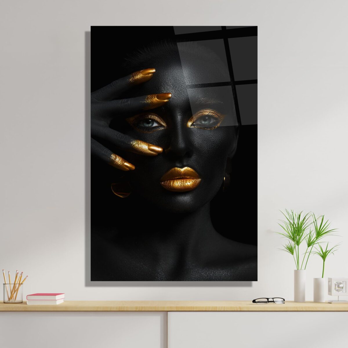 Black Gold Glam Woman Glass Wall Art