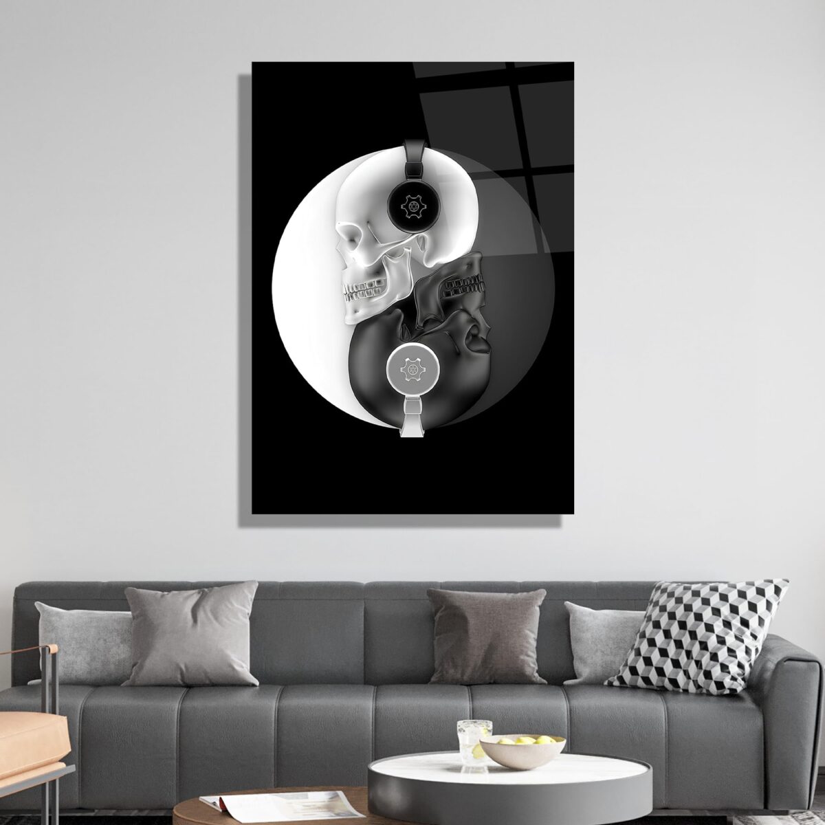 Abstract Skull Yin Yang Design Glass Wall Art