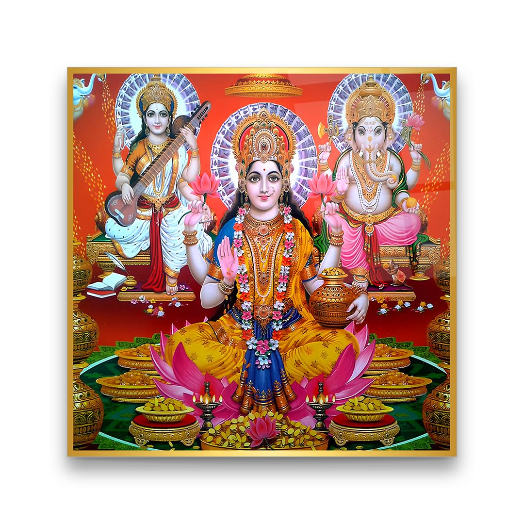 Laxmi Saraswati Ganesha Glass Wall Art
