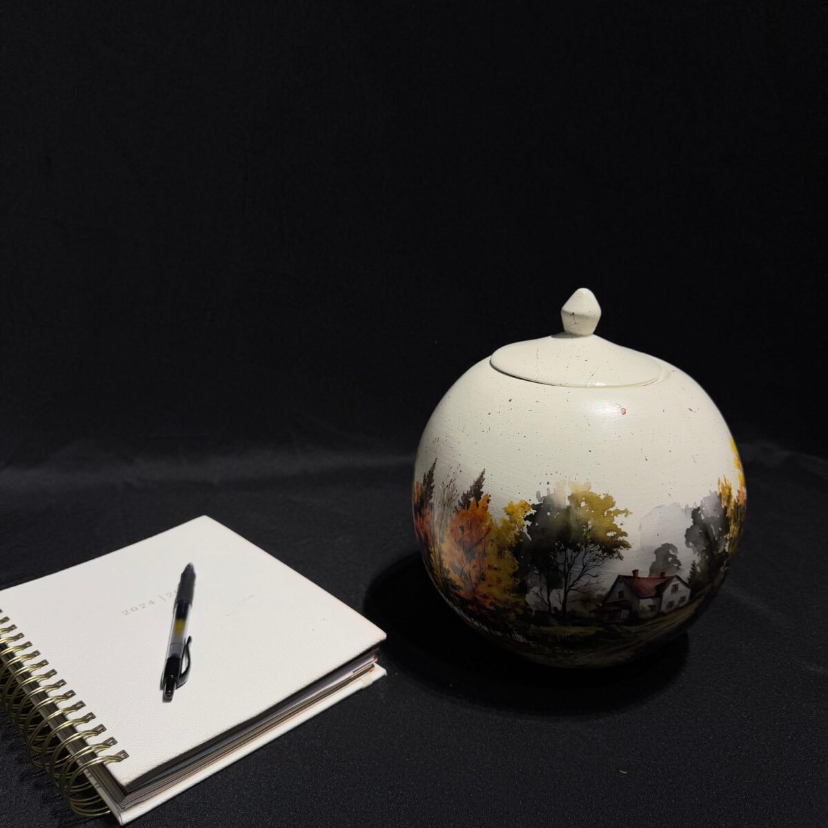 Autumn Landscape Jar with Lid Sculpture