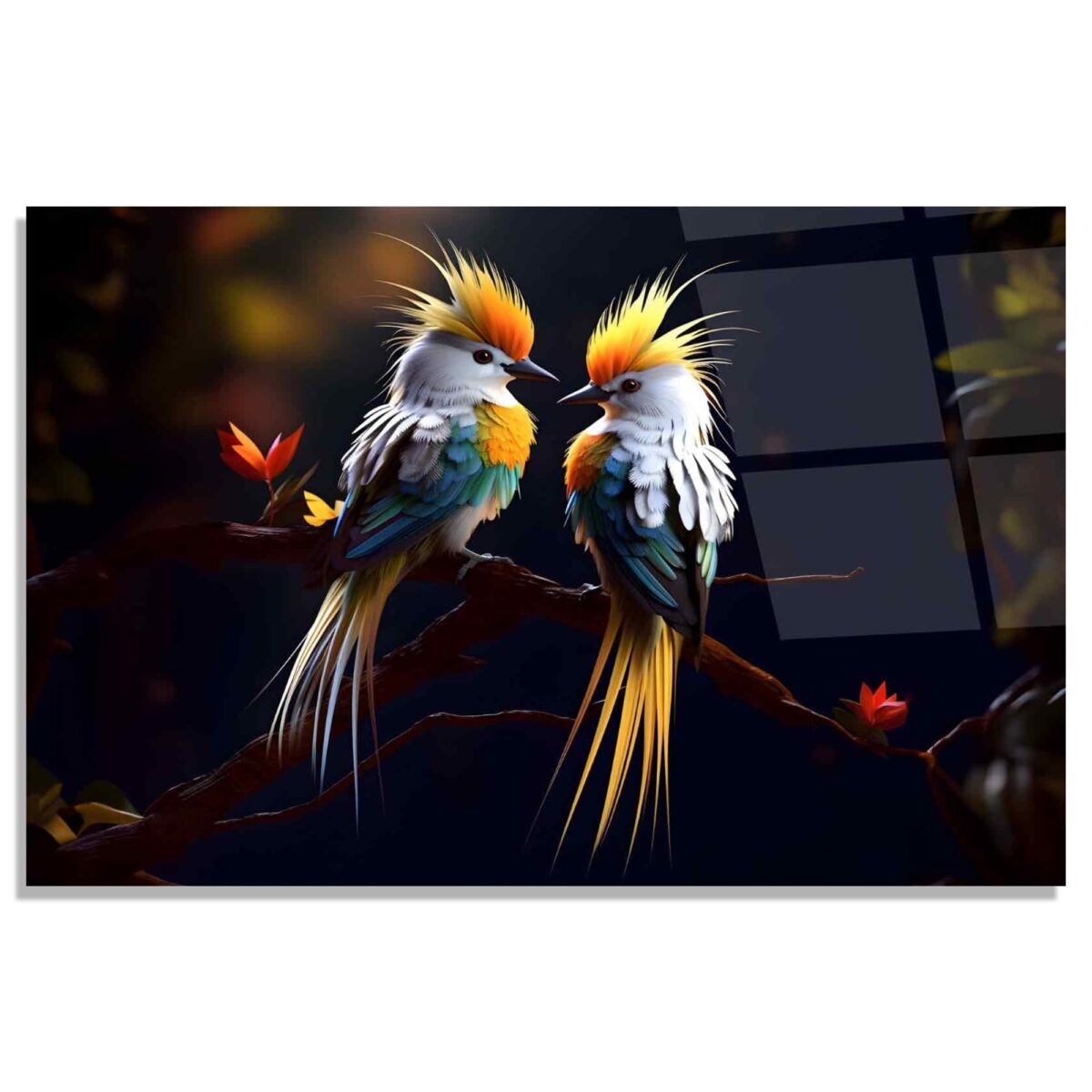 Vibrant Love Birds Glass Wall Art