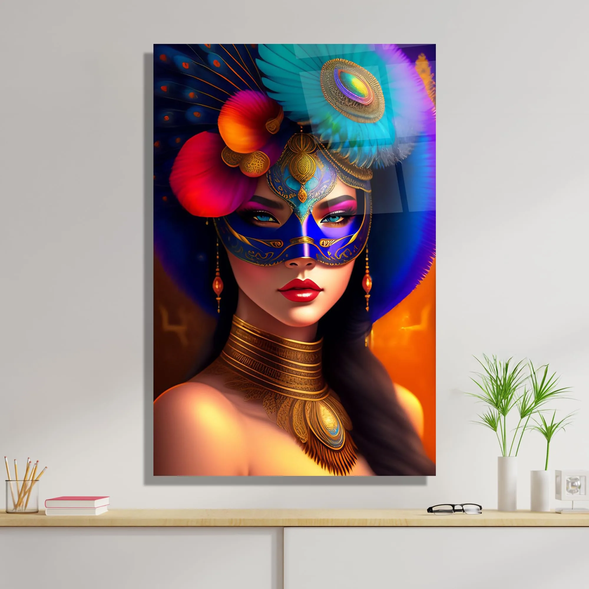 Masked Woman Glass Wall Art