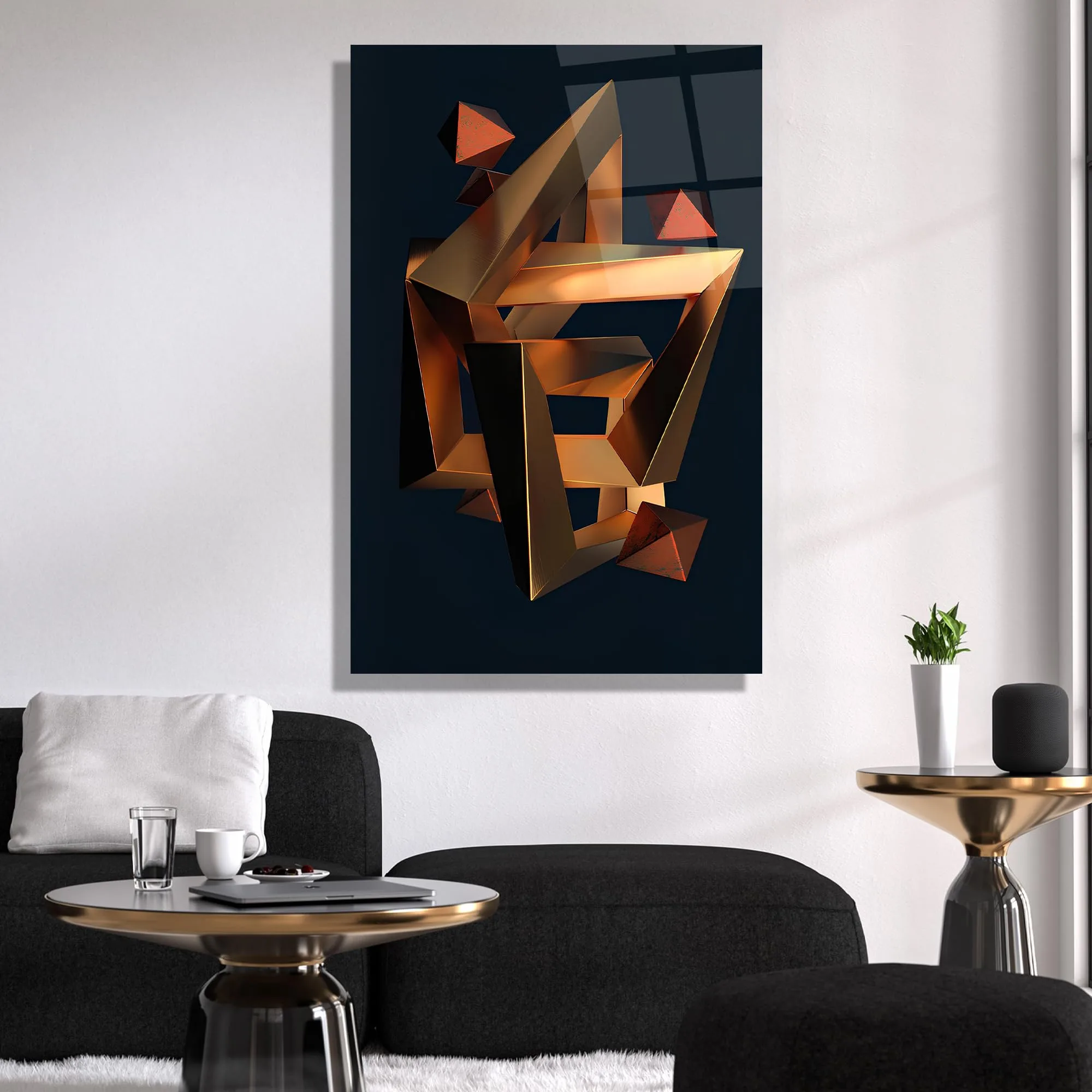 Abstract Geometric Metal Sculpture Design Glass Wall Art