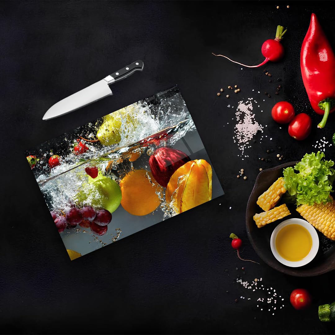 Mixed Fruits Splash Tempered Glass Cutting Board