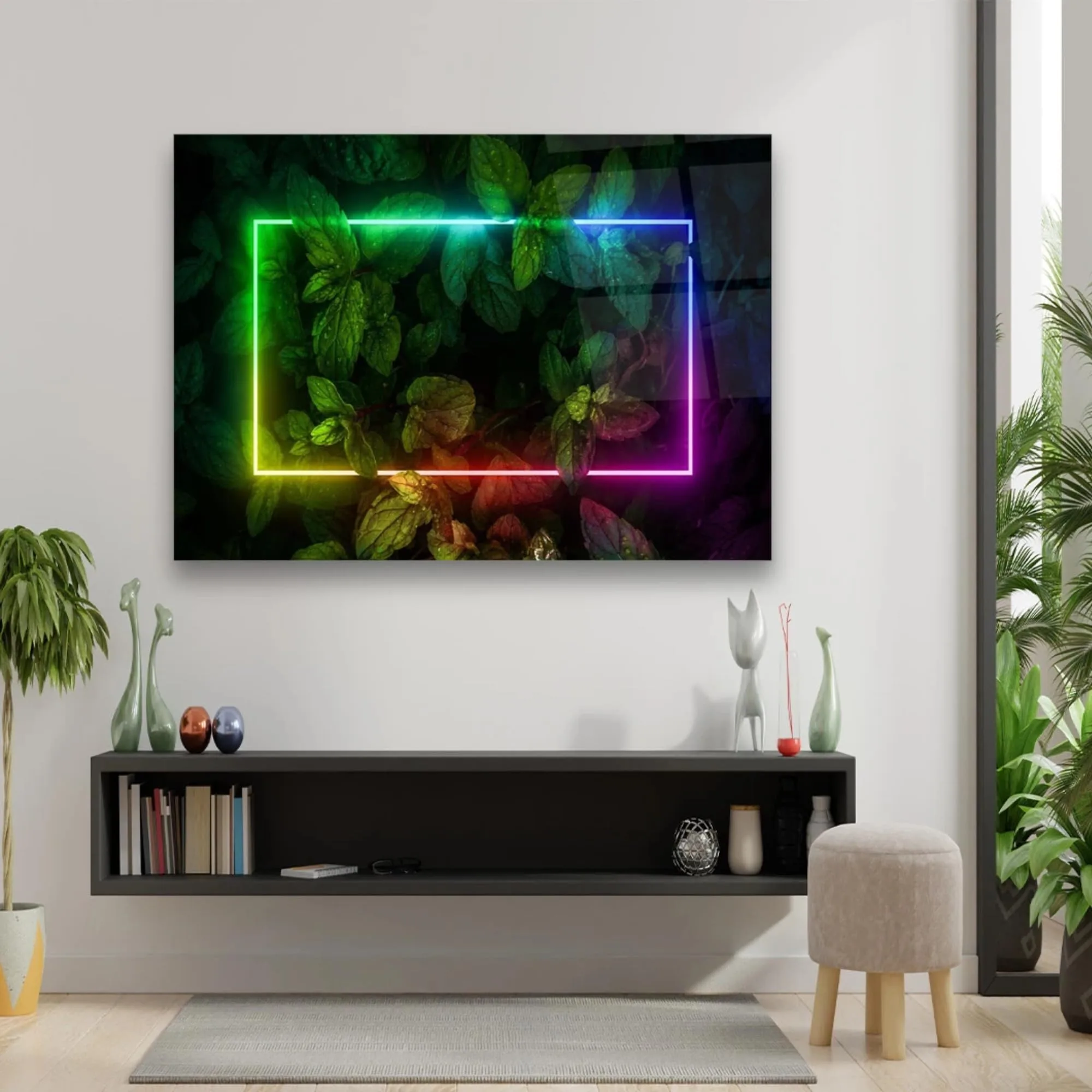 Green Leaves Glass Wall Art