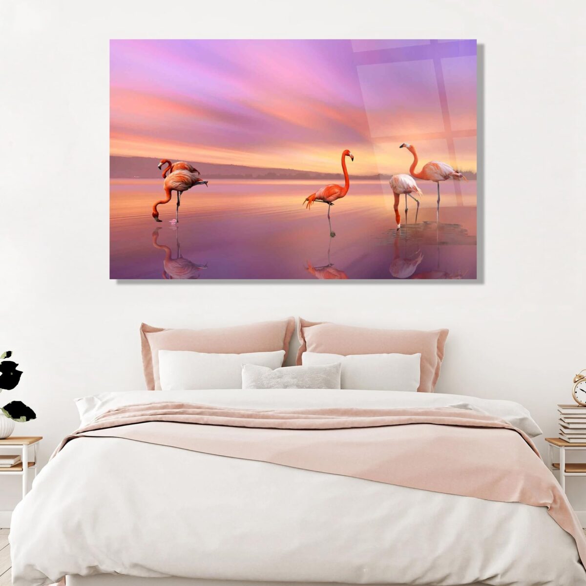 Flamingos and Solar Eclipse Glass Wall Art