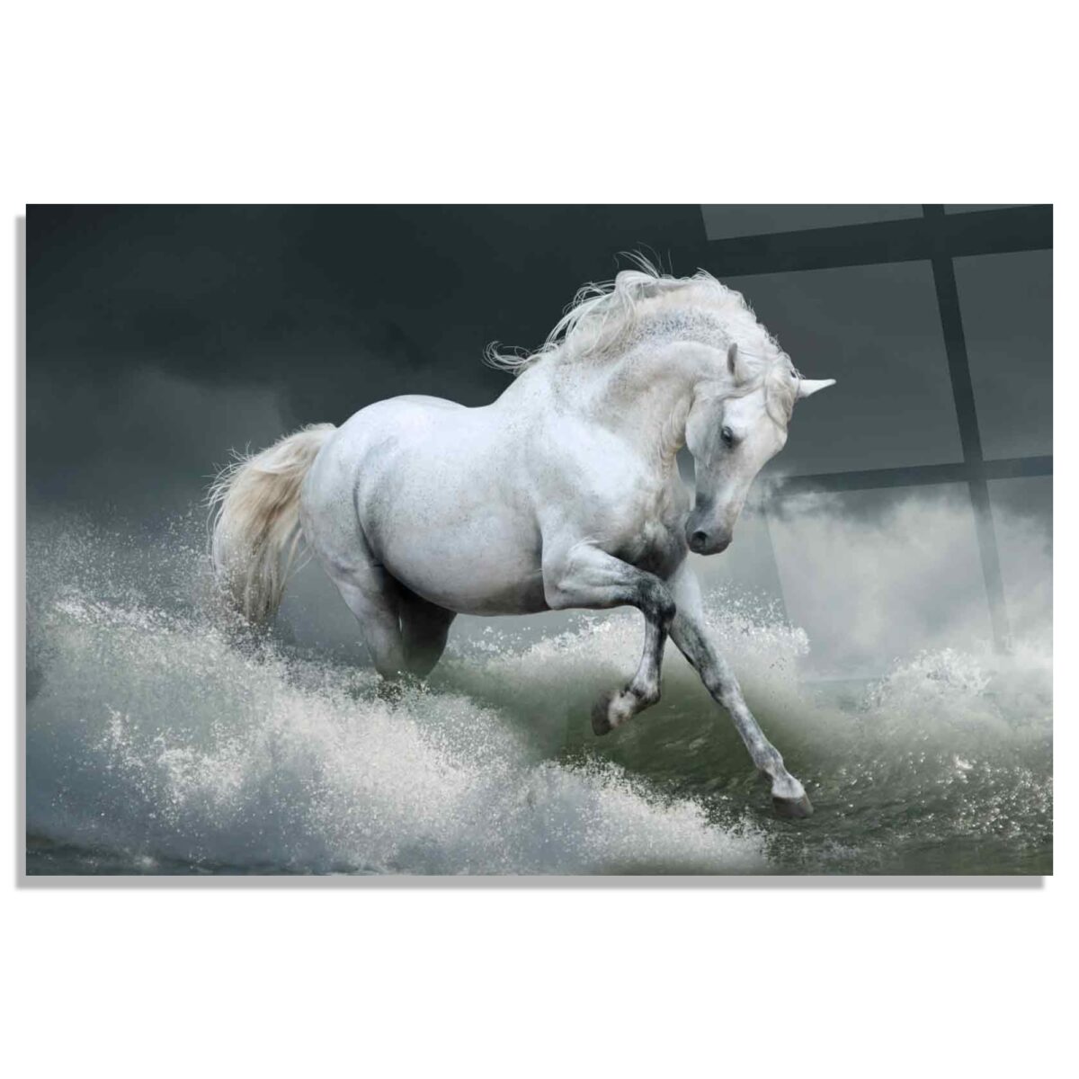 Racing White Horse Glass Wall Art