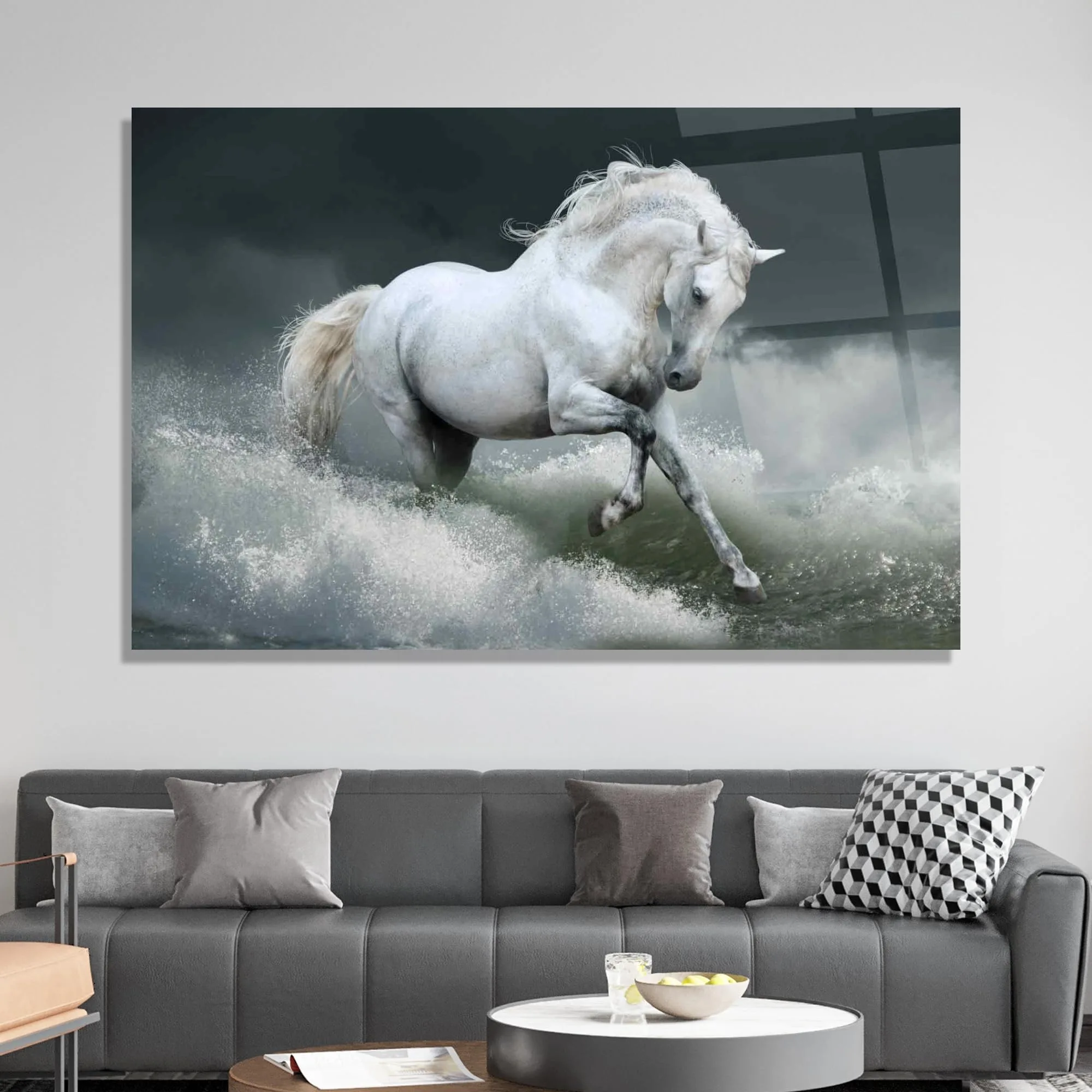 Racing White Horse Glass Wall Art