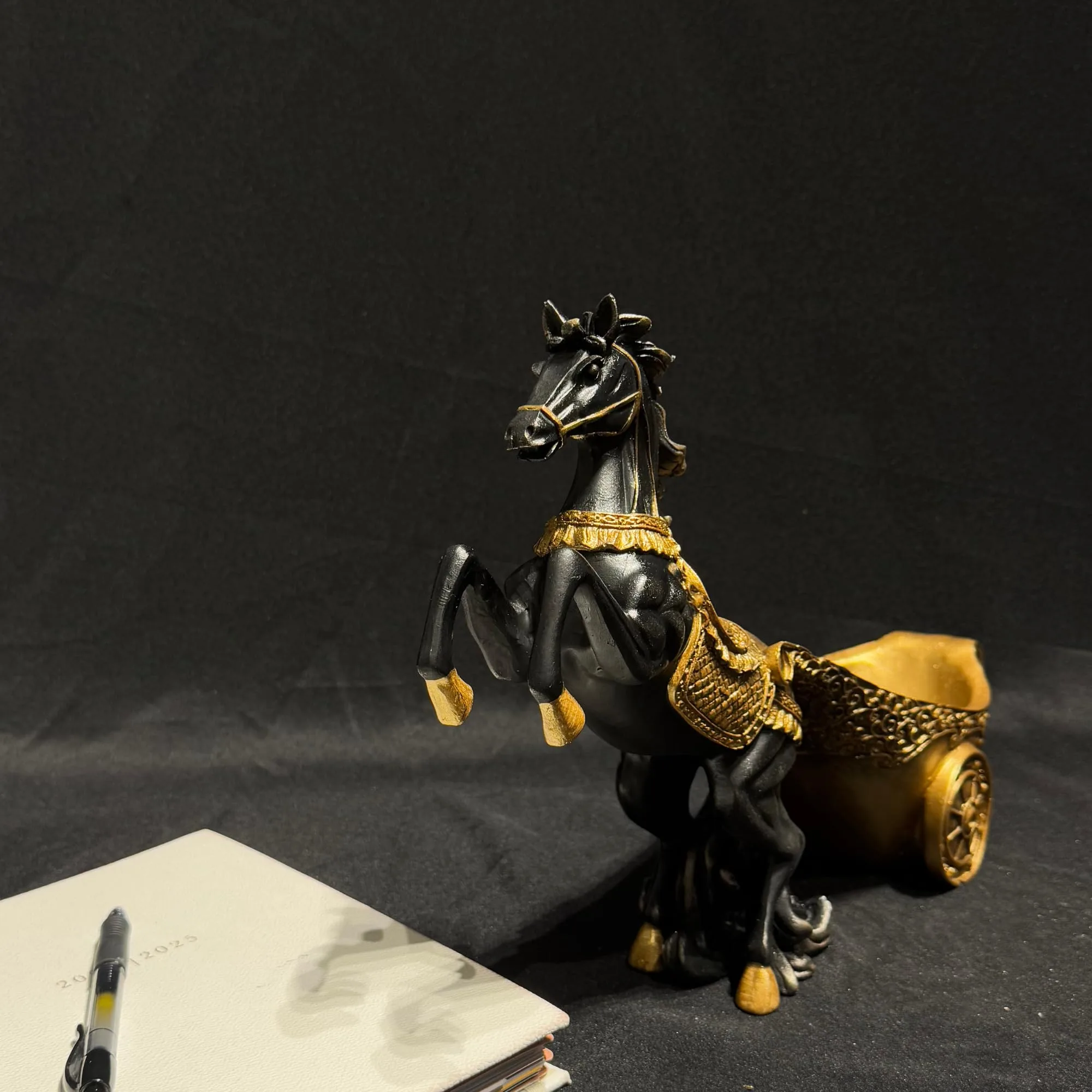Black Horse Wine Holder with Gold Chariot