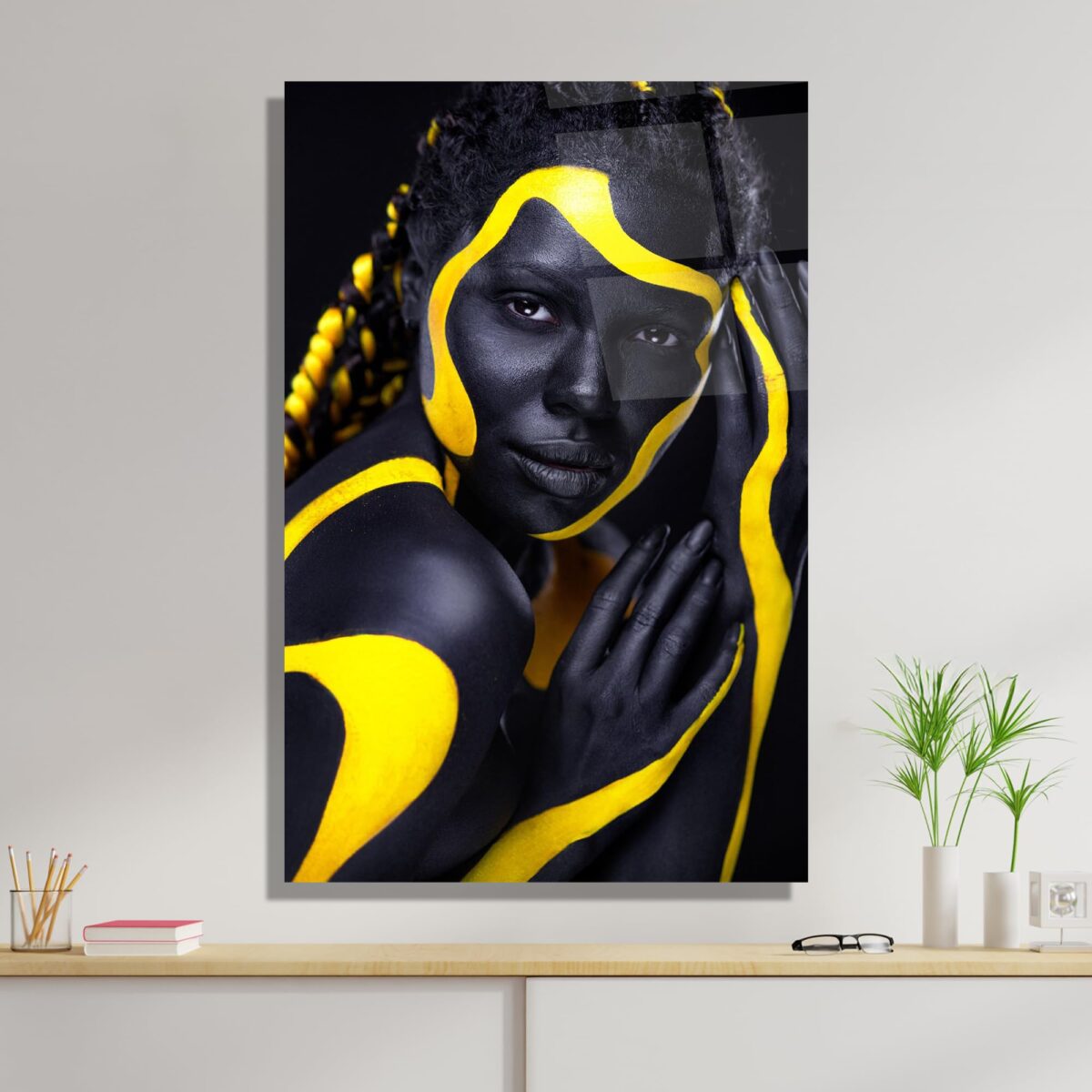 Black Yellow Woman Glass Wall Art