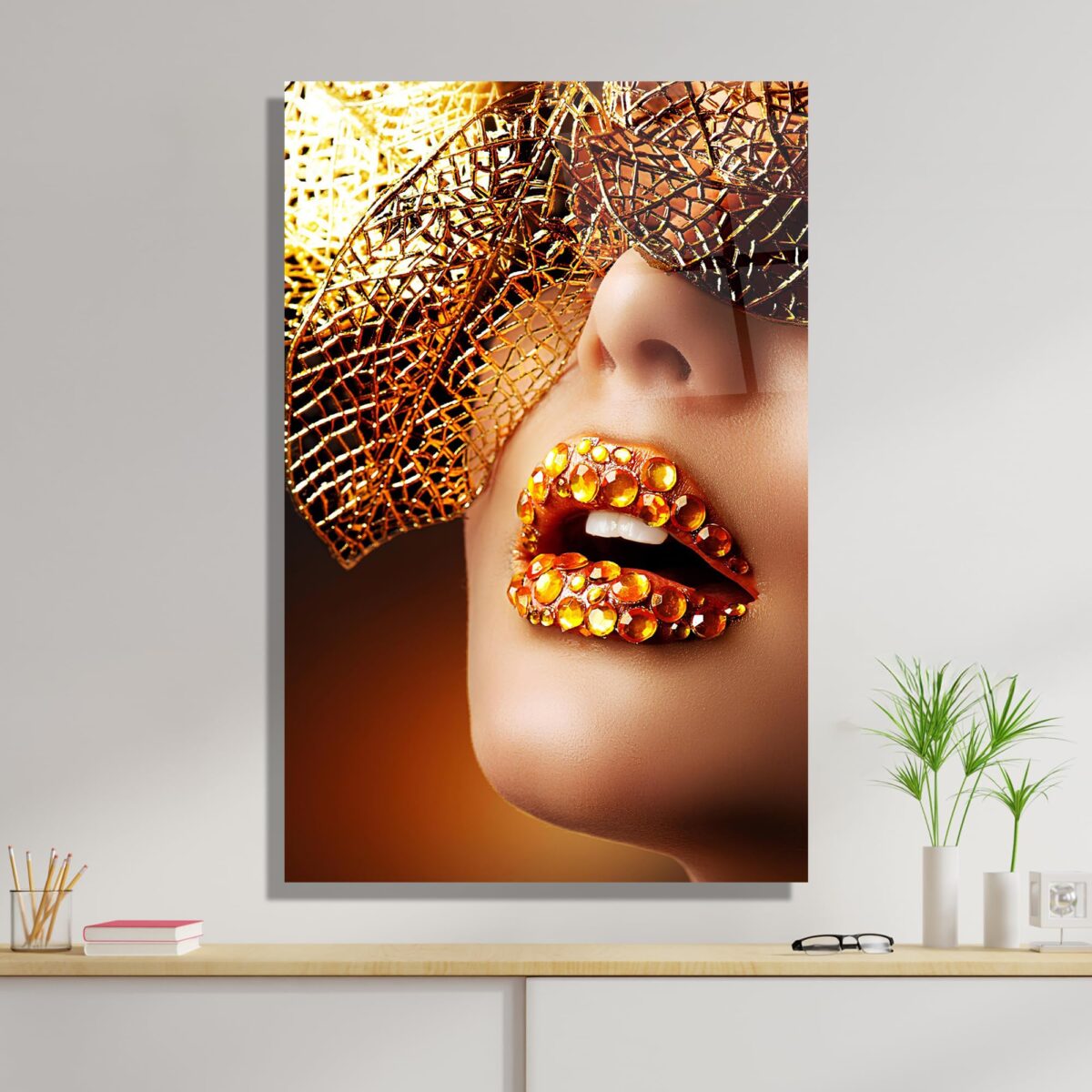 Gold Lips Glass Wall Art
