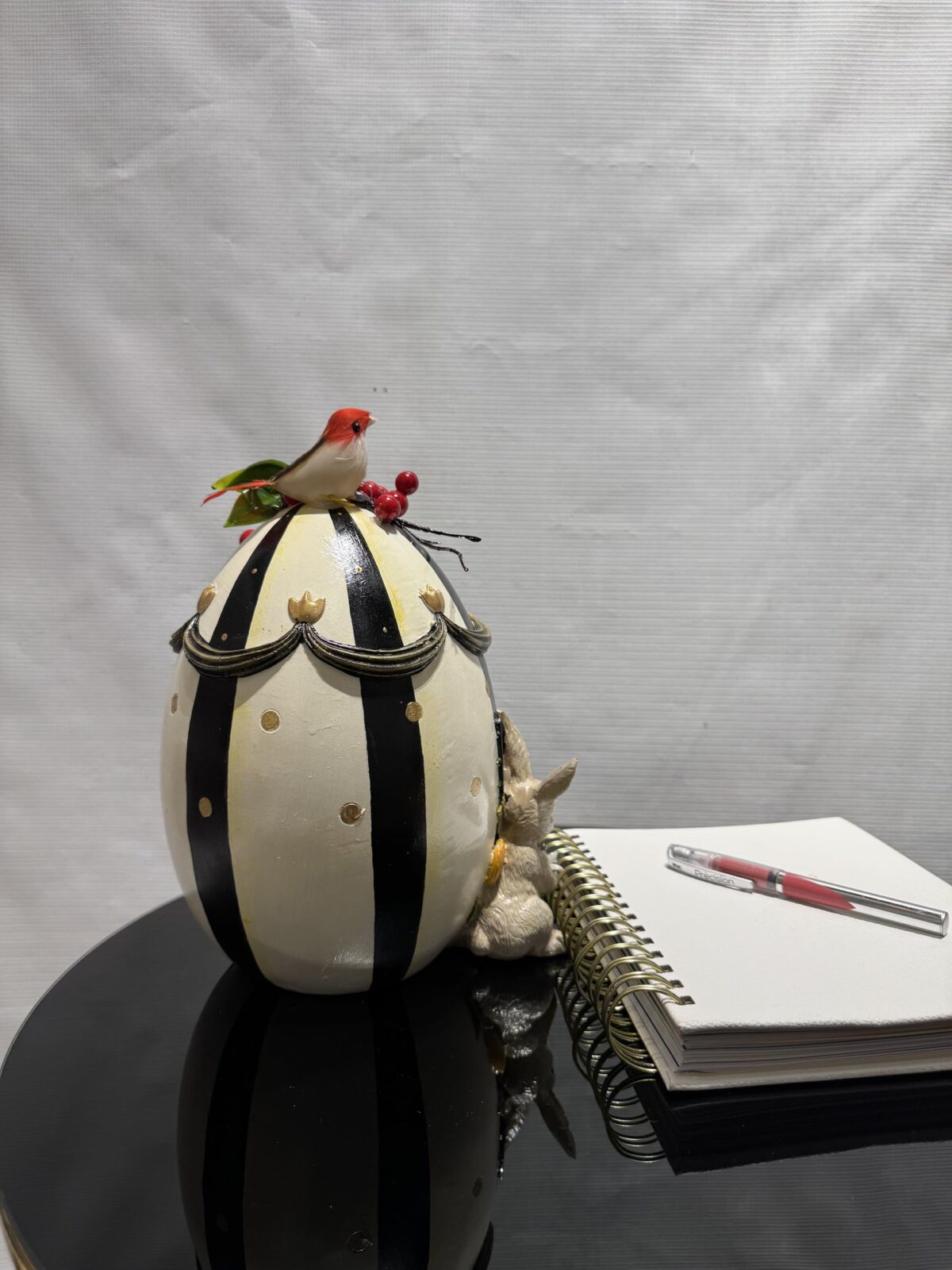 Ceramic Egg Ornament with Rabbit and Bird Sculpture