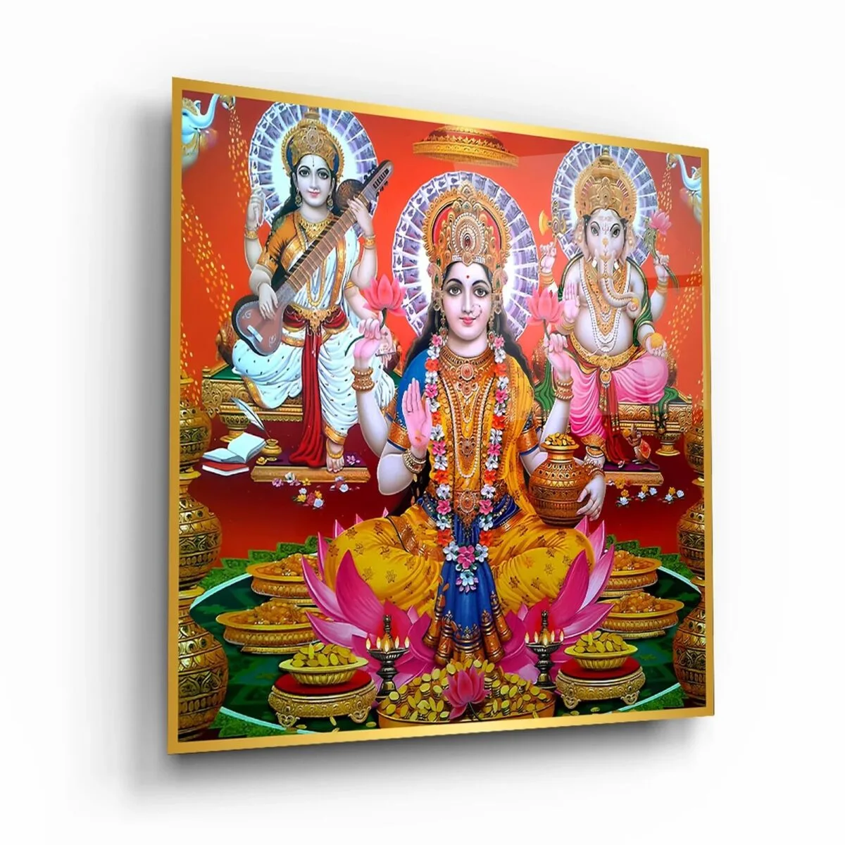 Laxmi Saraswati Ganesha Glass Wall Art