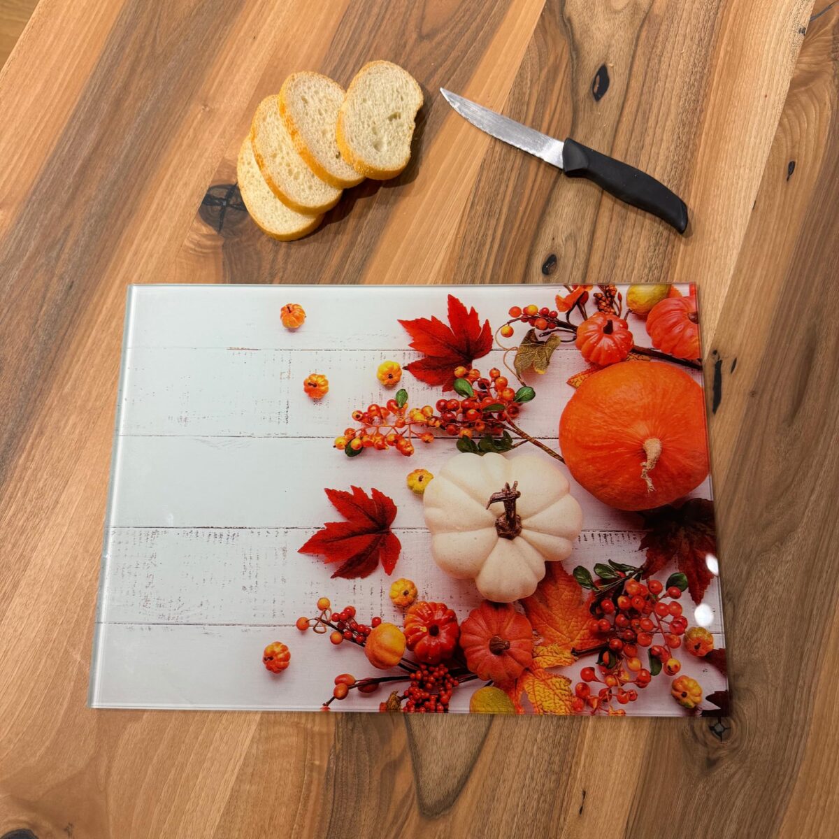 Pumpkins and Leaves Tempered Glass Cutting Board