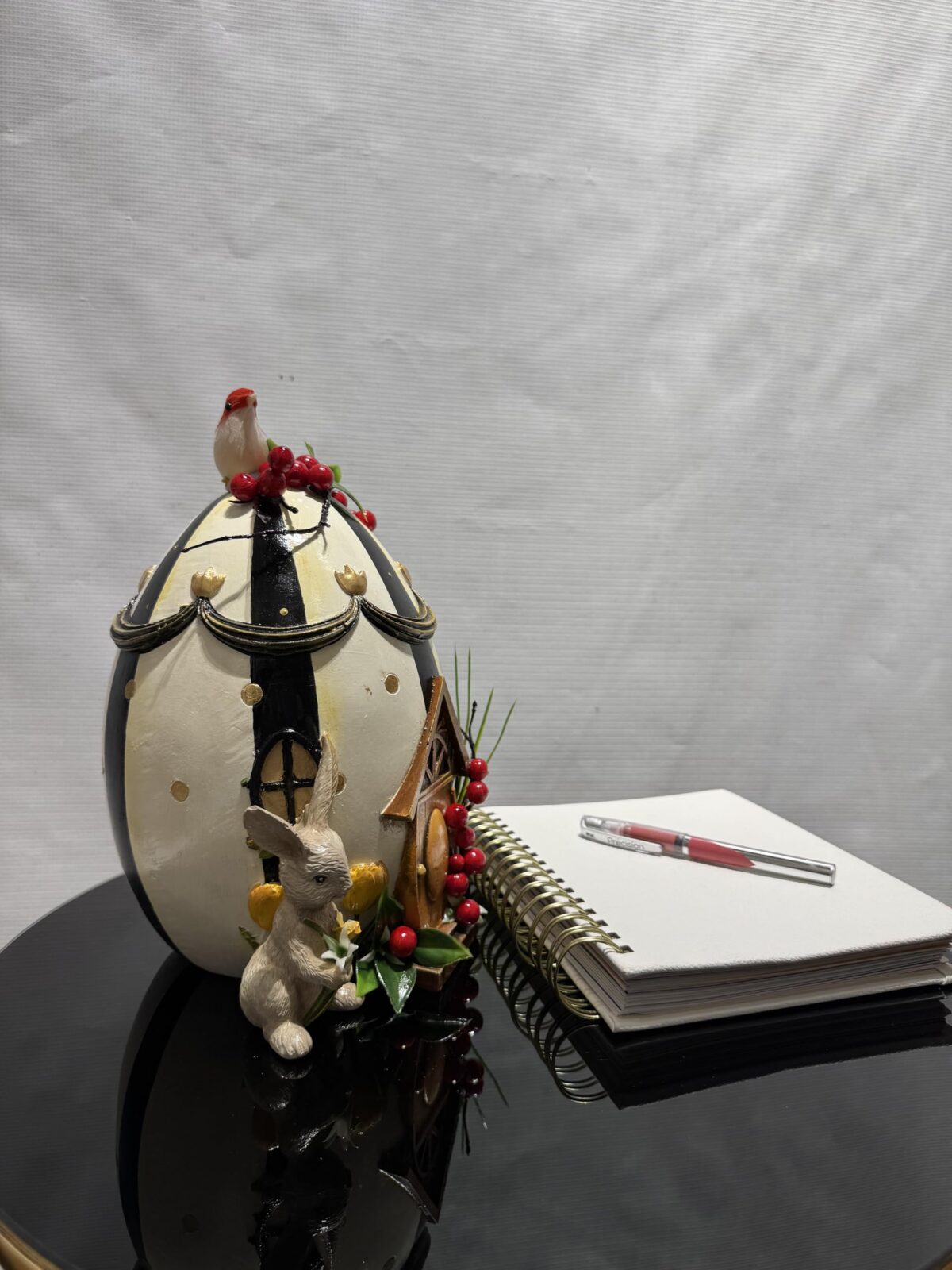 Ceramic Egg Ornament with Rabbit and Bird Sculpture