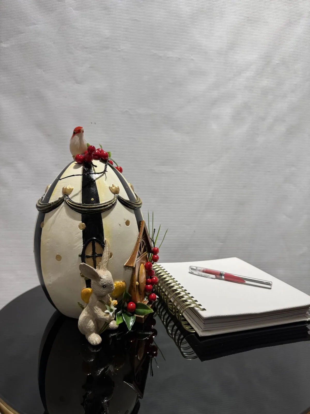Ceramic Egg Ornament with Rabbit and Bird Sculpture