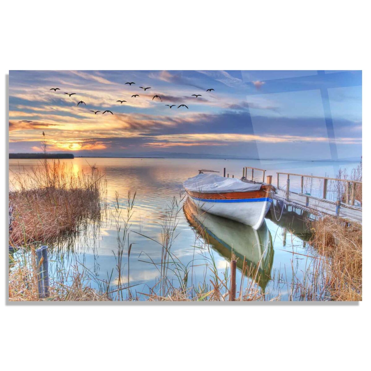 Boat Harbor and Sunset Glass Wall Art