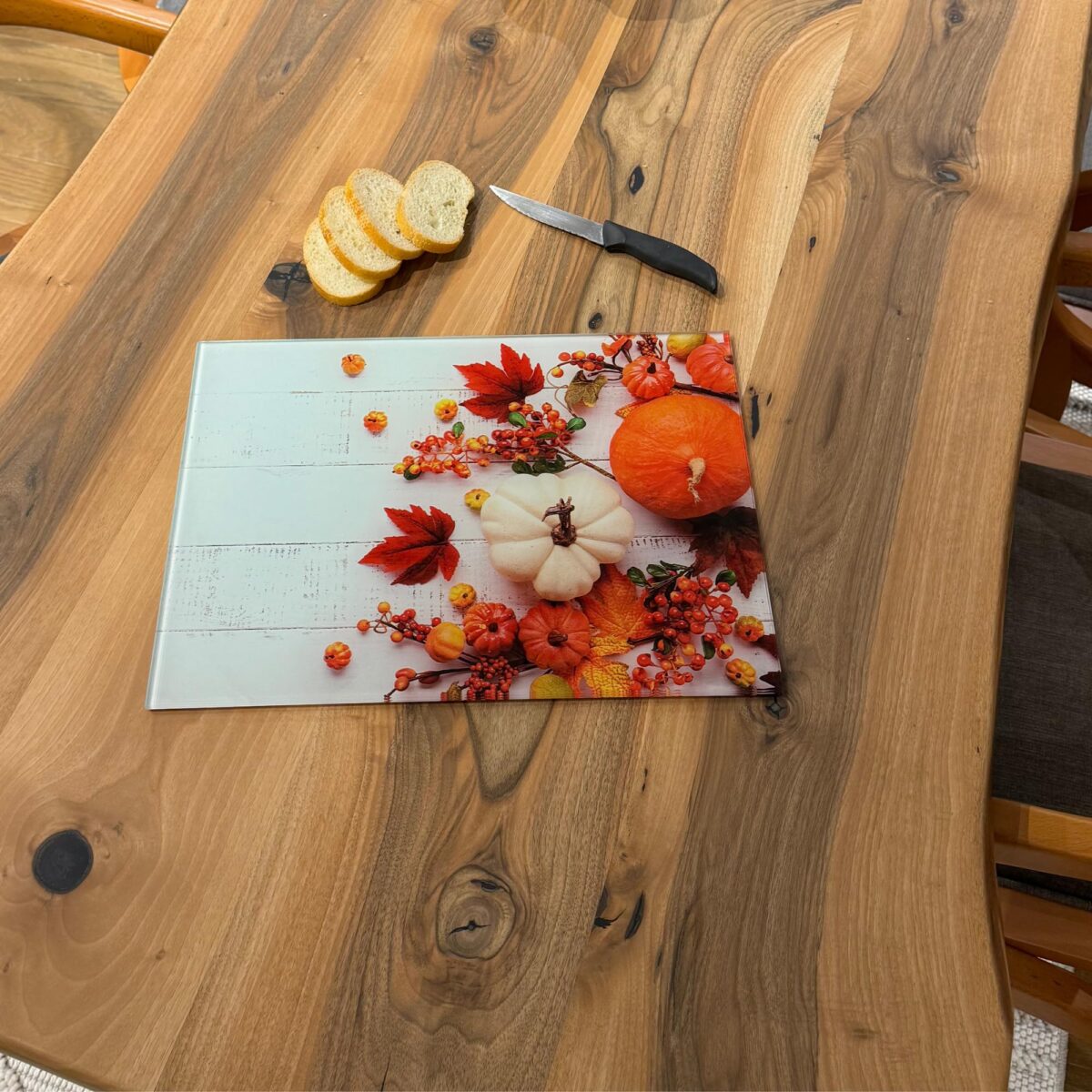 Pumpkins and Leaves Tempered Glass Cutting Board
