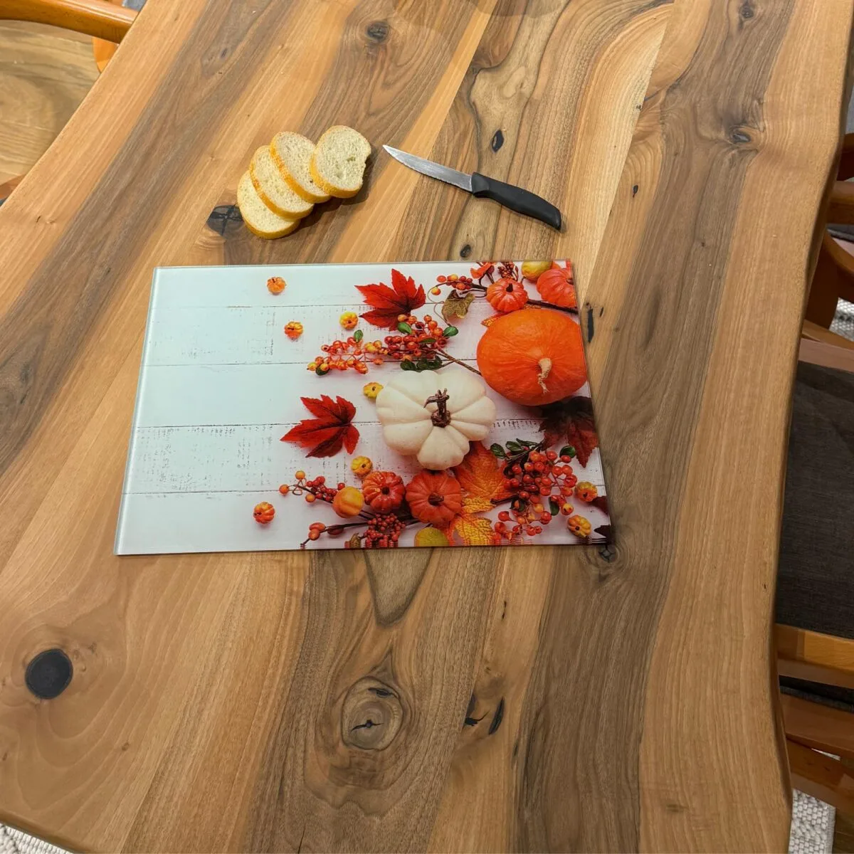 Pumpkins and Leaves Tempered Glass Cutting Board