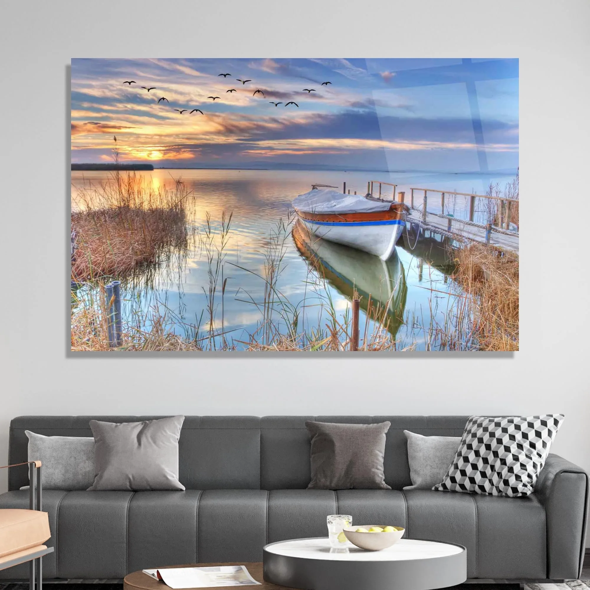 Boat Harbor and Sunset Glass Wall Art