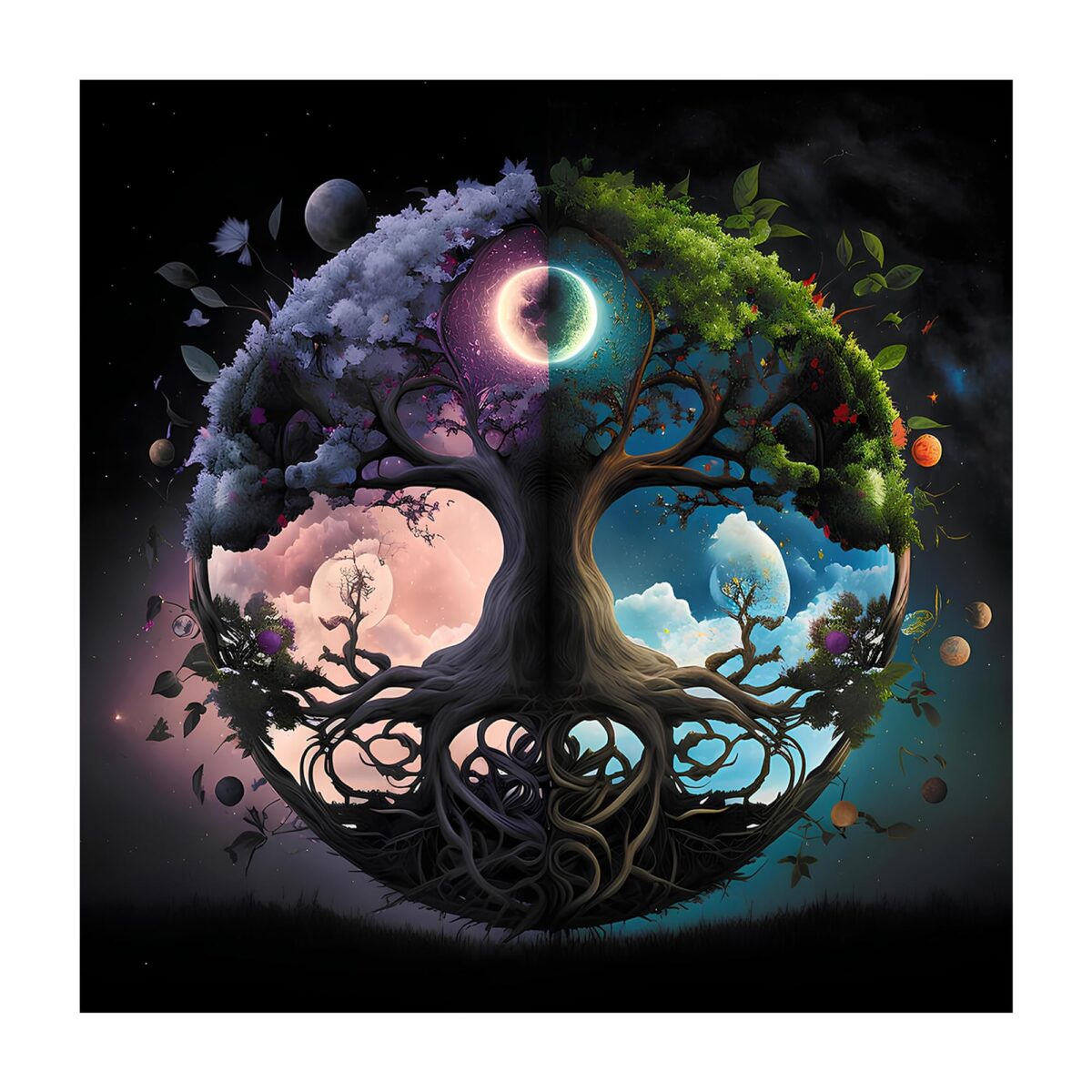 Celestial Tree of Duality Glass Wall Art