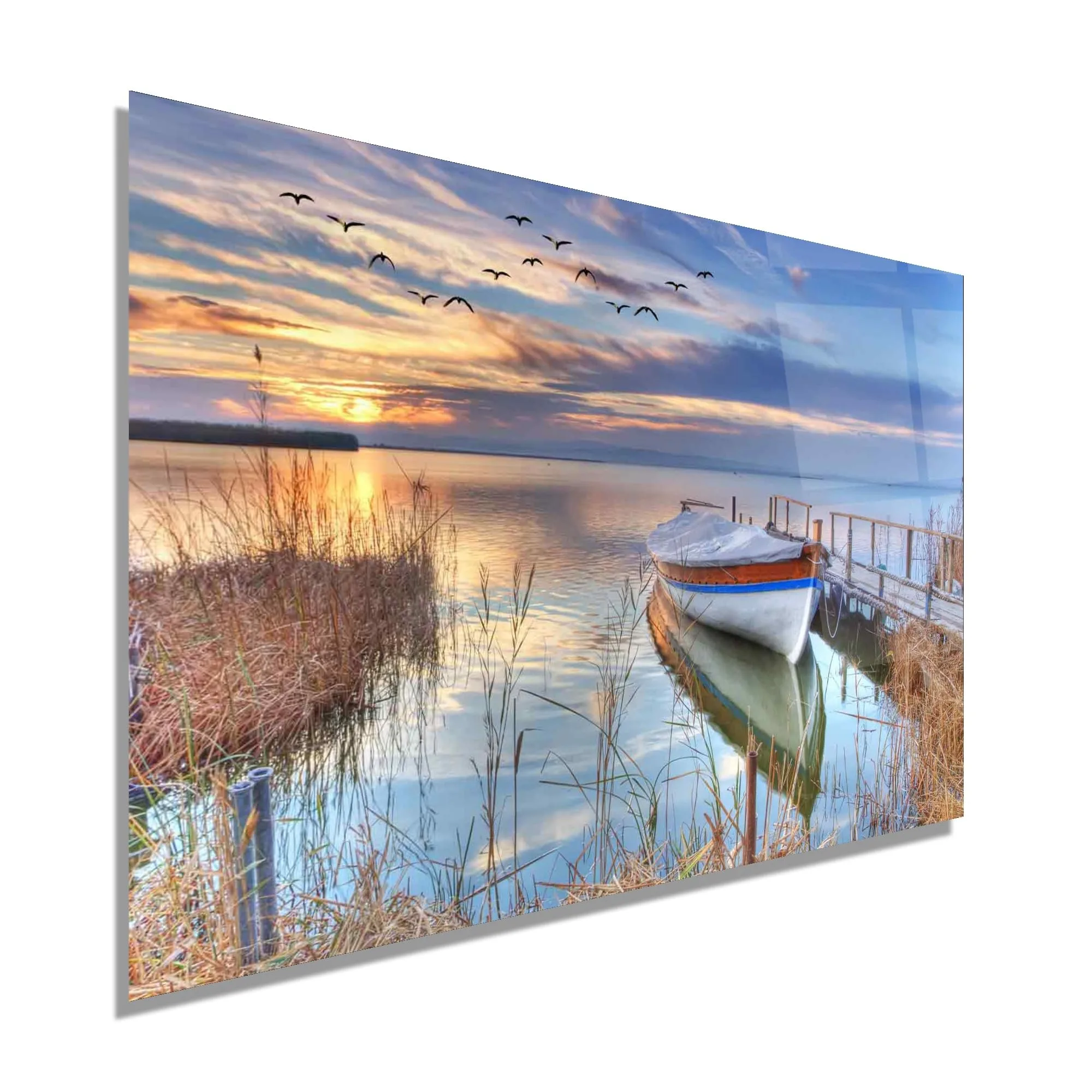 Boat Harbor and Sunset Glass Wall Art