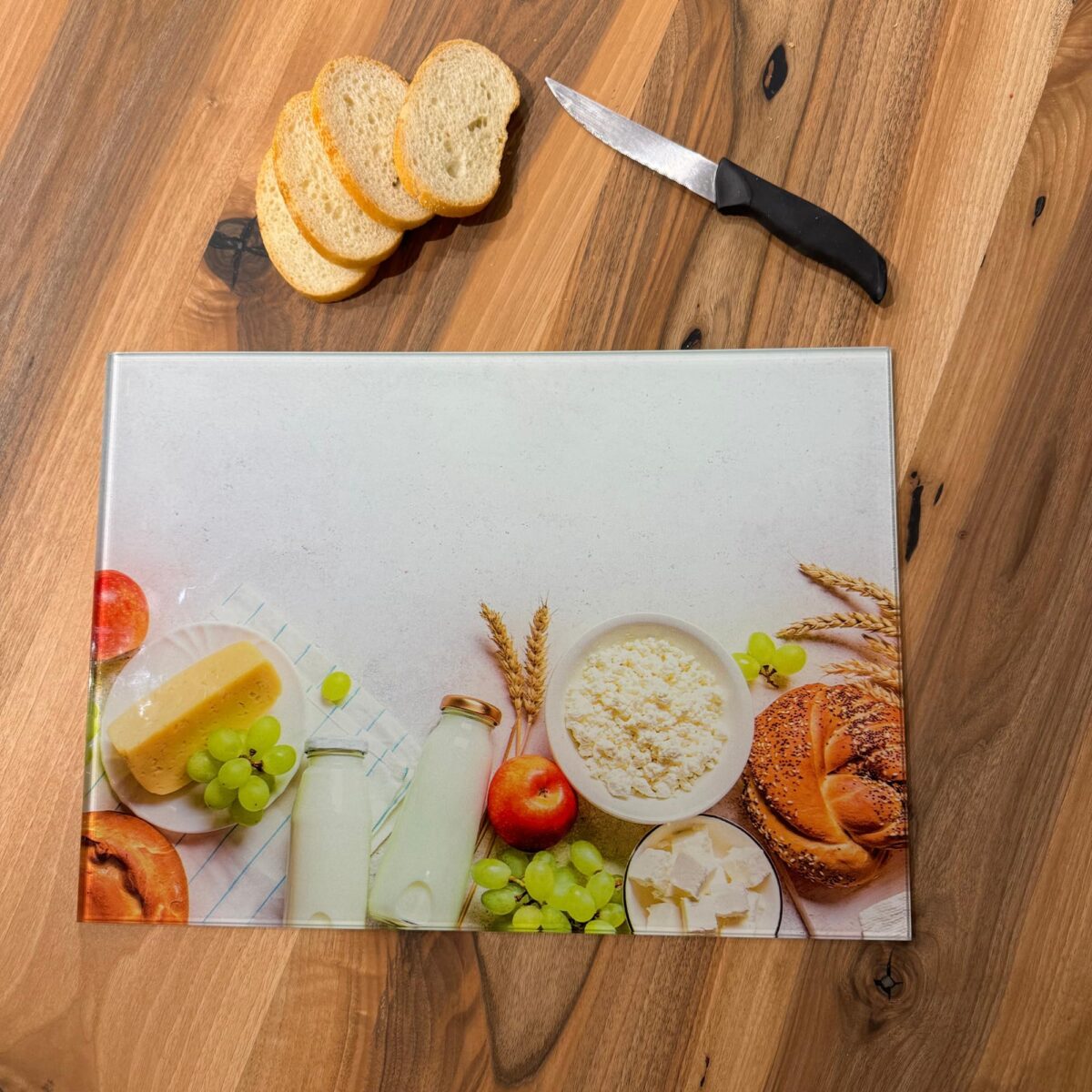 Cheese, Milk and Bread Tempered Glass Cutting Board