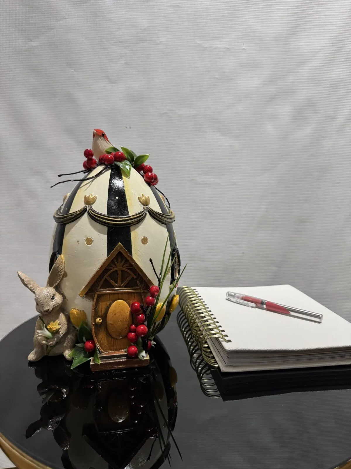 Ceramic Egg Ornament with Rabbit and Bird Sculpture