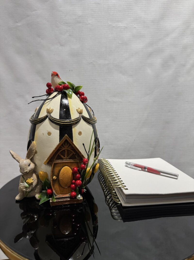 Ceramic Egg Ornament with Rabbit and Bird Sculpture