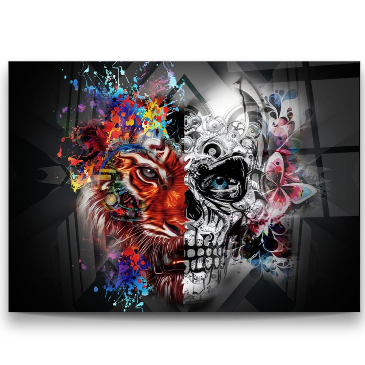 Skull Fox Abstract Split Face Glass Wall Art