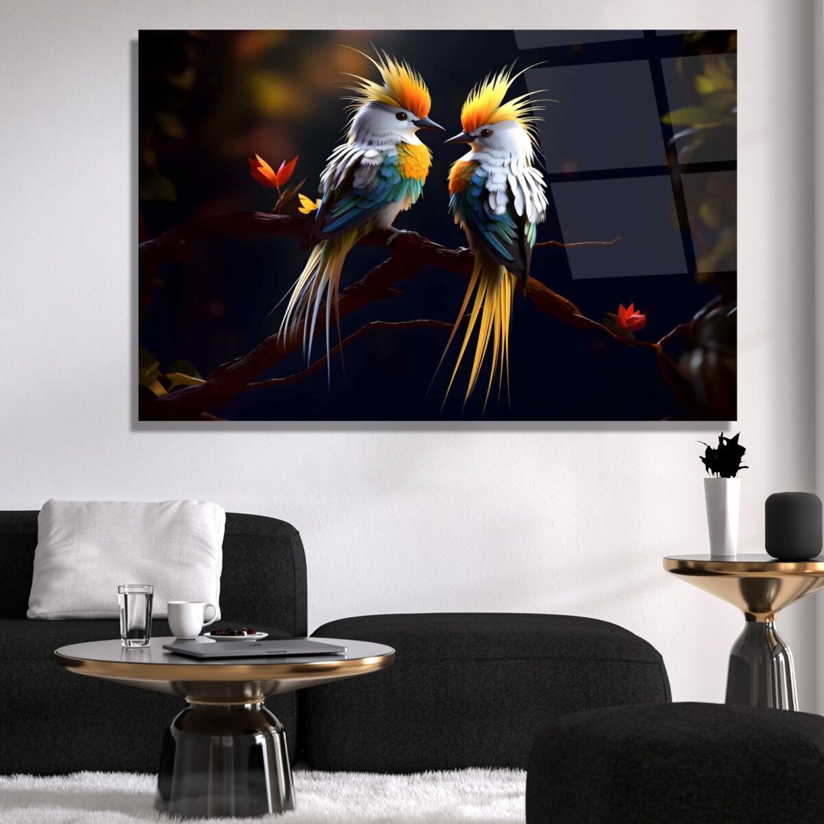 Vibrant Love Birds Glass Wall Art