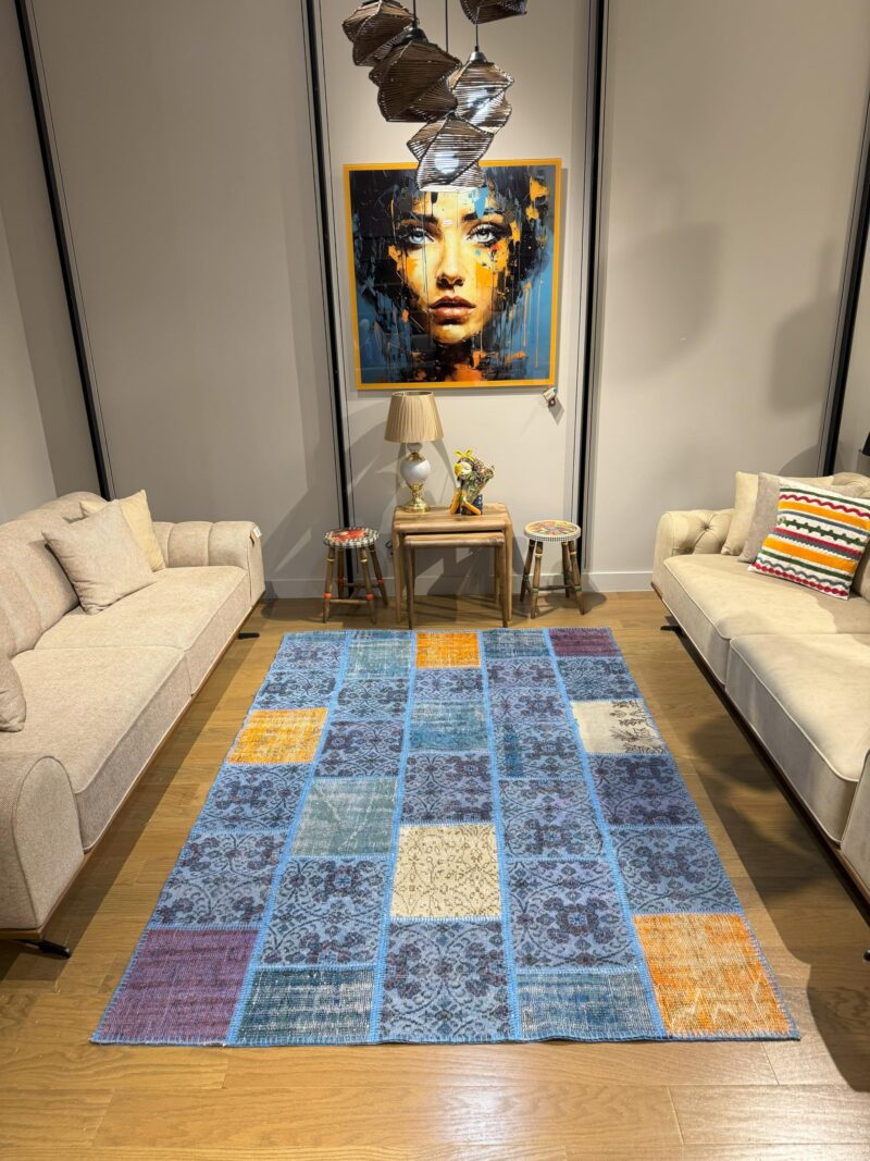 Azure Ember Vintage Turkish Patchwork Rug