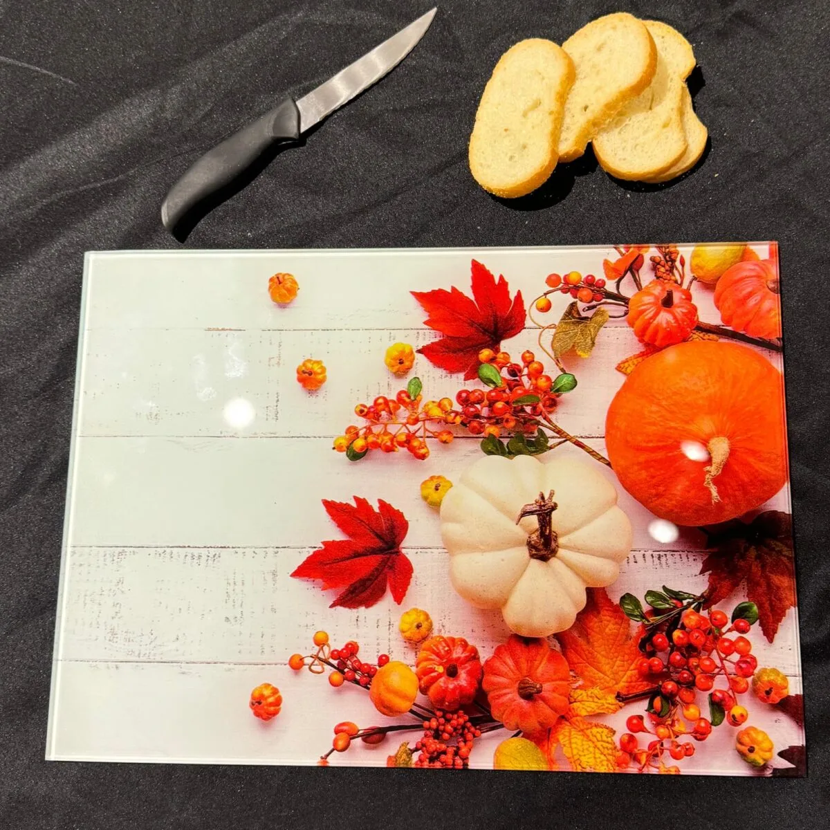 Pumpkins and Leaves Tempered Glass Cutting Board