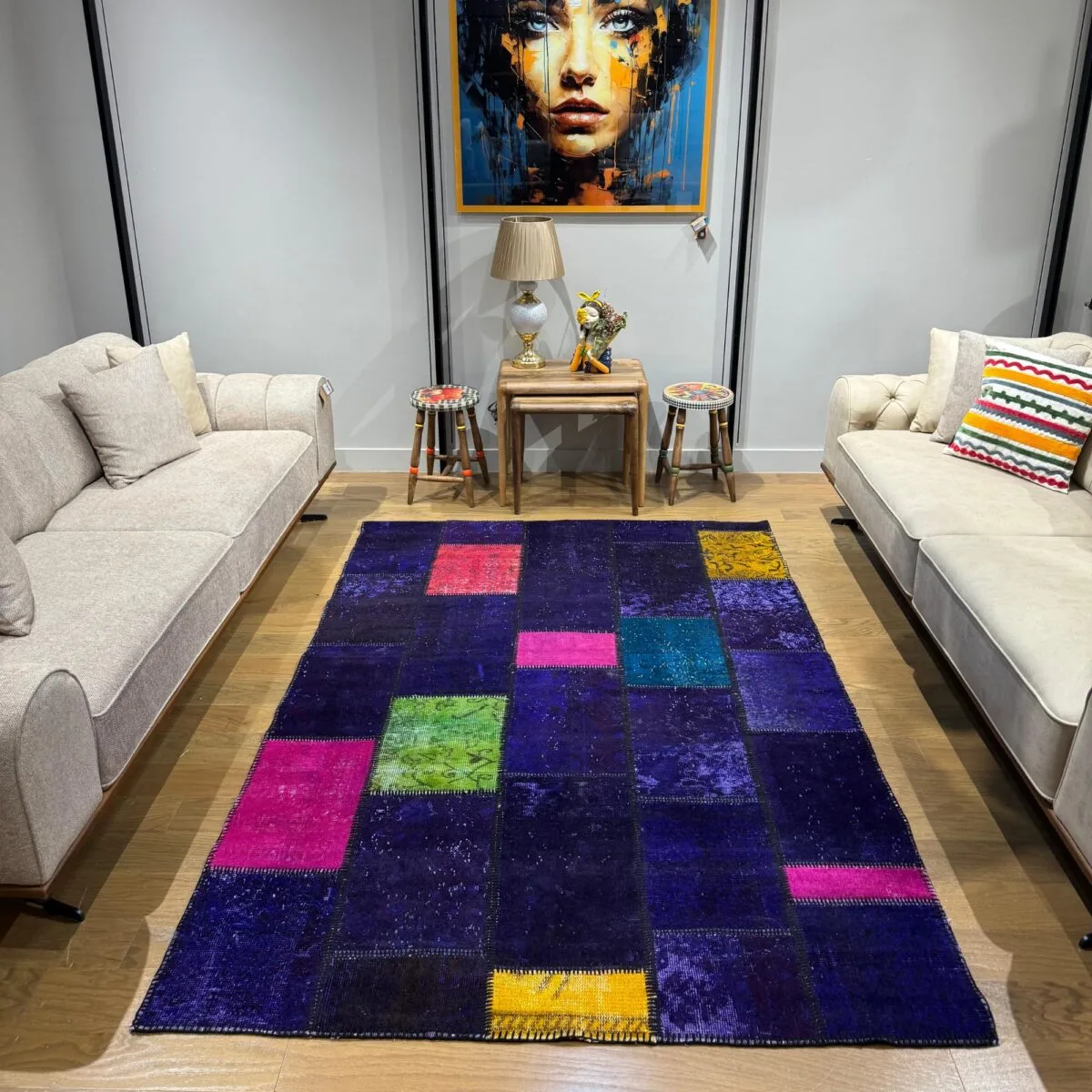 Navy Vibrant Vintage Turkish Patchwork Rug