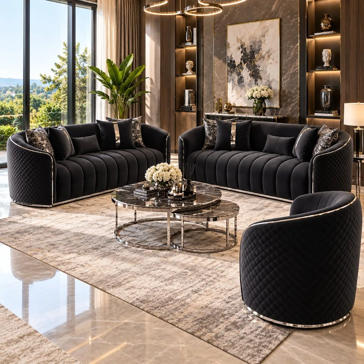 Alaska channel-tufted velvet sofa set in black with armchair in a luxury living room – Ferozzi