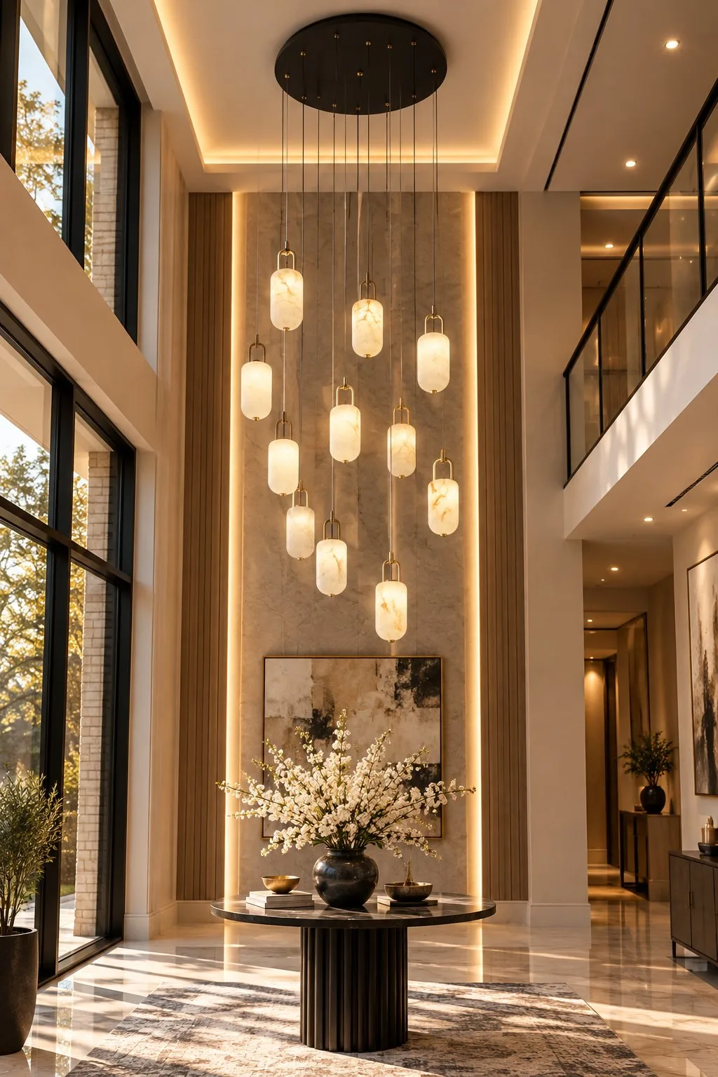 Alba Capsule Cascade Chandelier – modern cascade chandelier in a double-height foyer | Ferozzi, Atlanta & Alpharetta