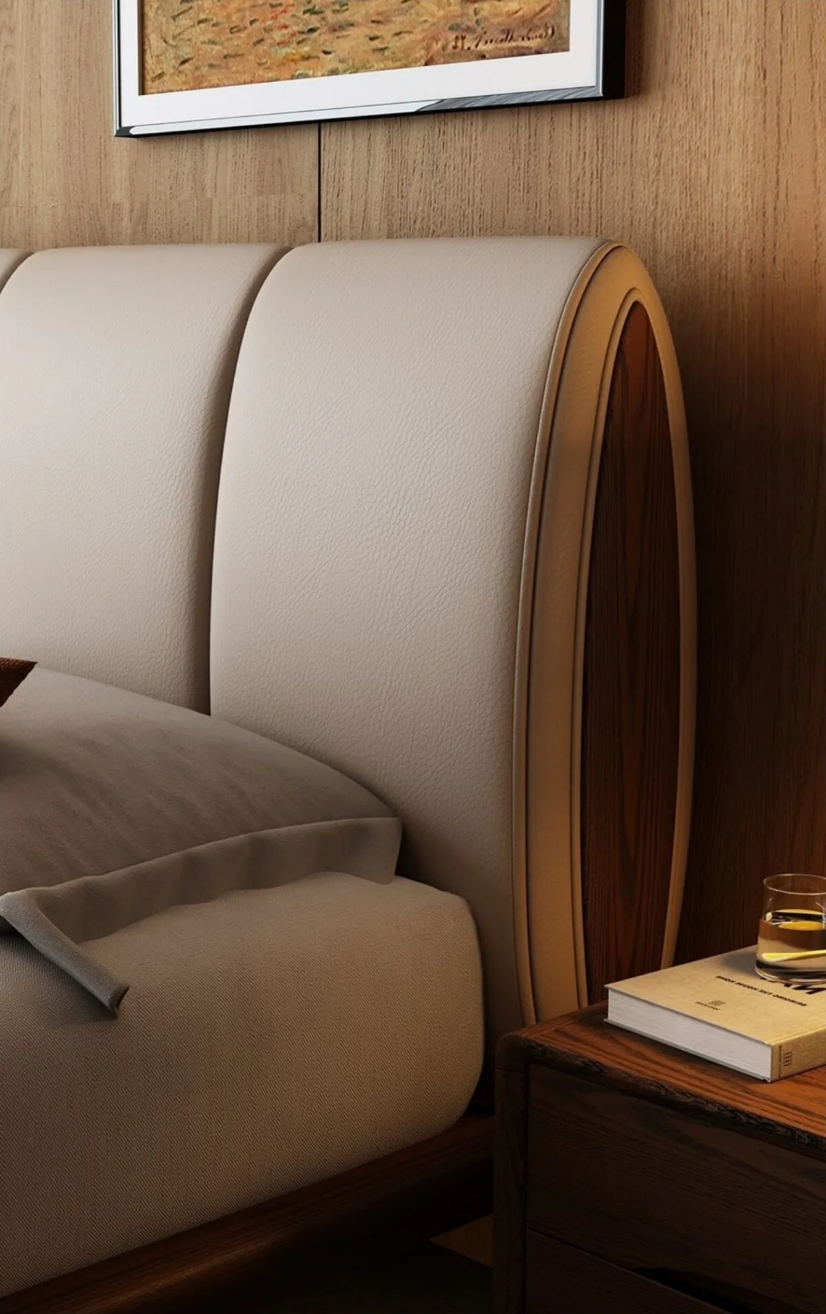 Ferozzi Aspen Bed with Nightstands – headboard detail, 2027 Collection with walnut details